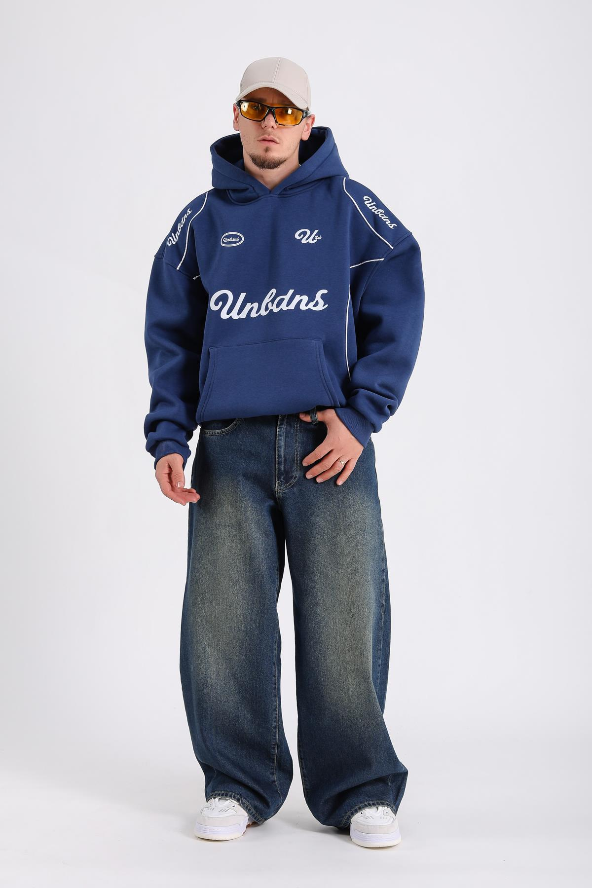 Baskılı Şerit Detay Lacivert Oversize Hoodie SW1185