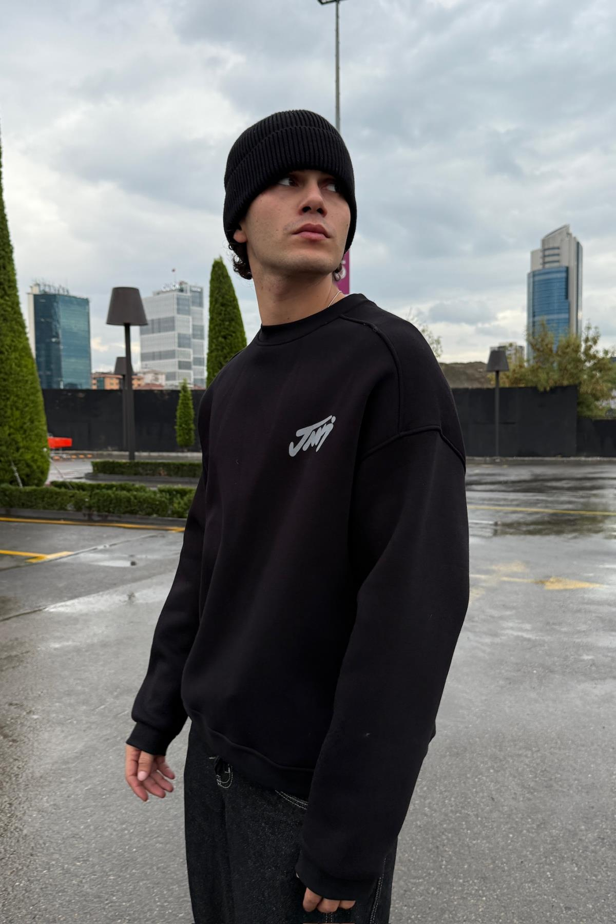 Baskılı Siyah Bisiklet Yaka Oversize Sweatshirt JC01