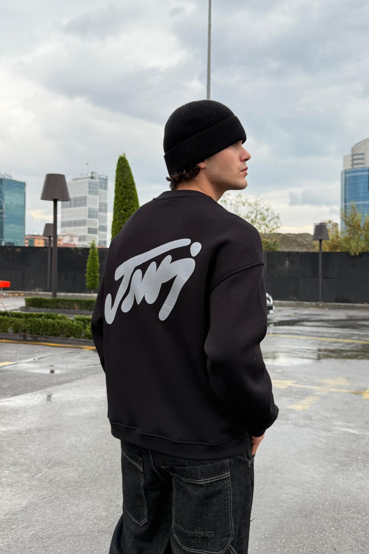 Baskılı Siyah Bisiklet Yaka Oversize Sweatshirt JC01