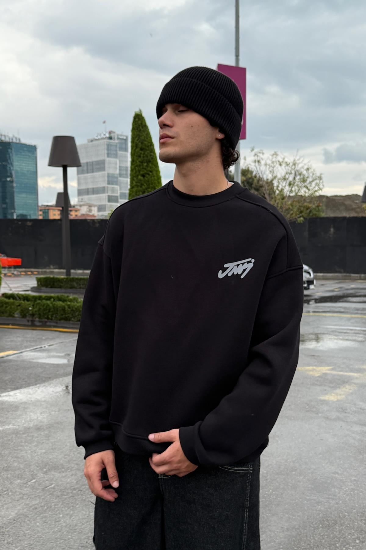 Baskılı Siyah Bisiklet Yaka Oversize Sweatshirt JC01