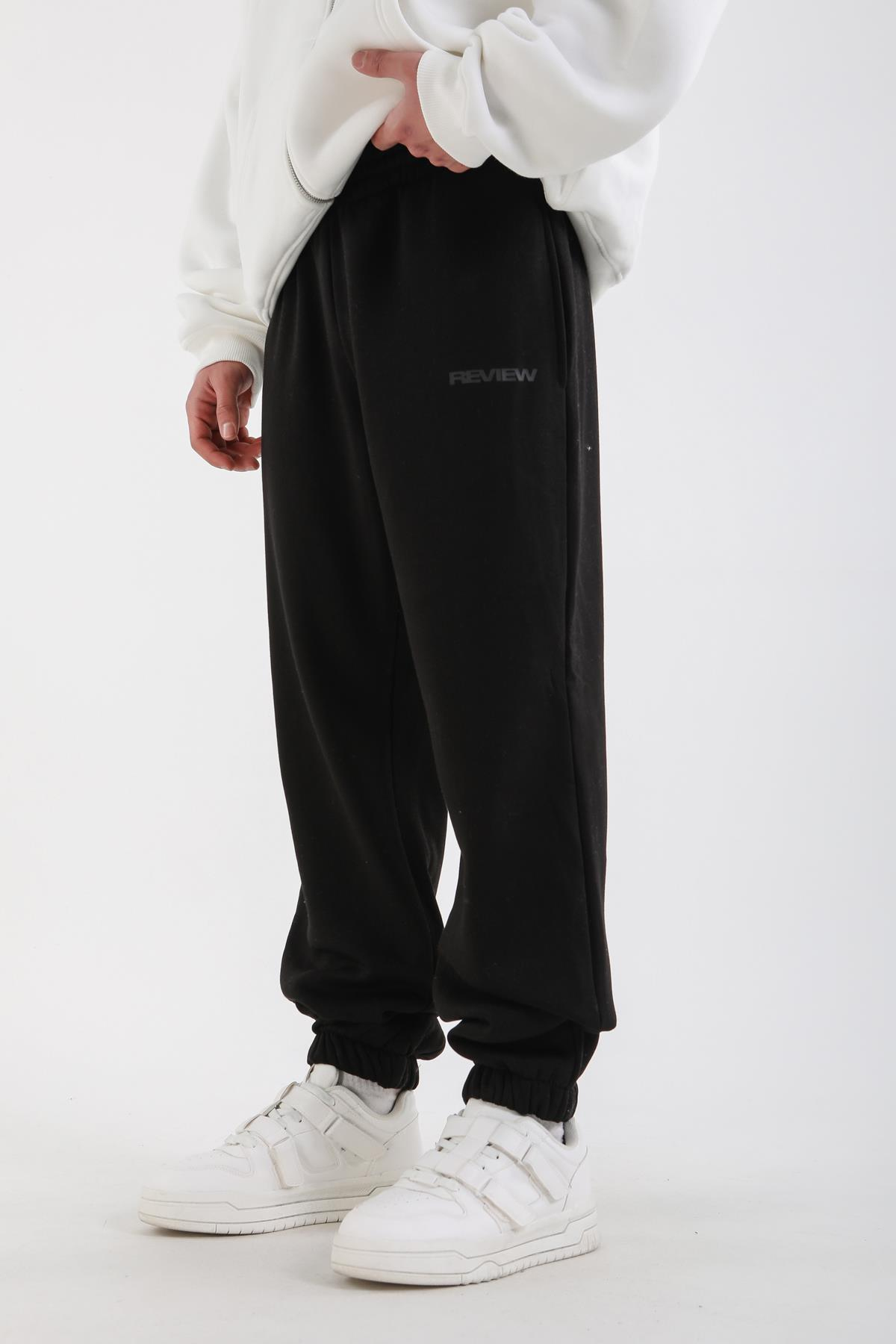 Baskılı Siyah Lastik Paça Basic Rv Eşofman Altı