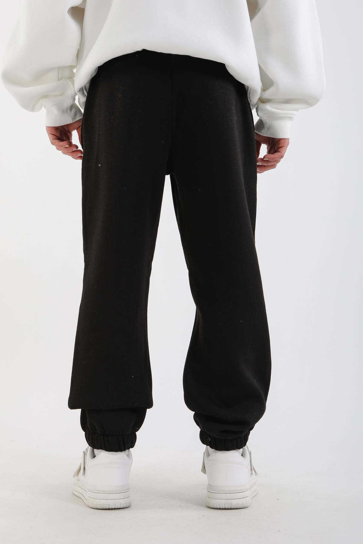 Baskılı Siyah Lastik Paça Basic Rv Eşofman Altı