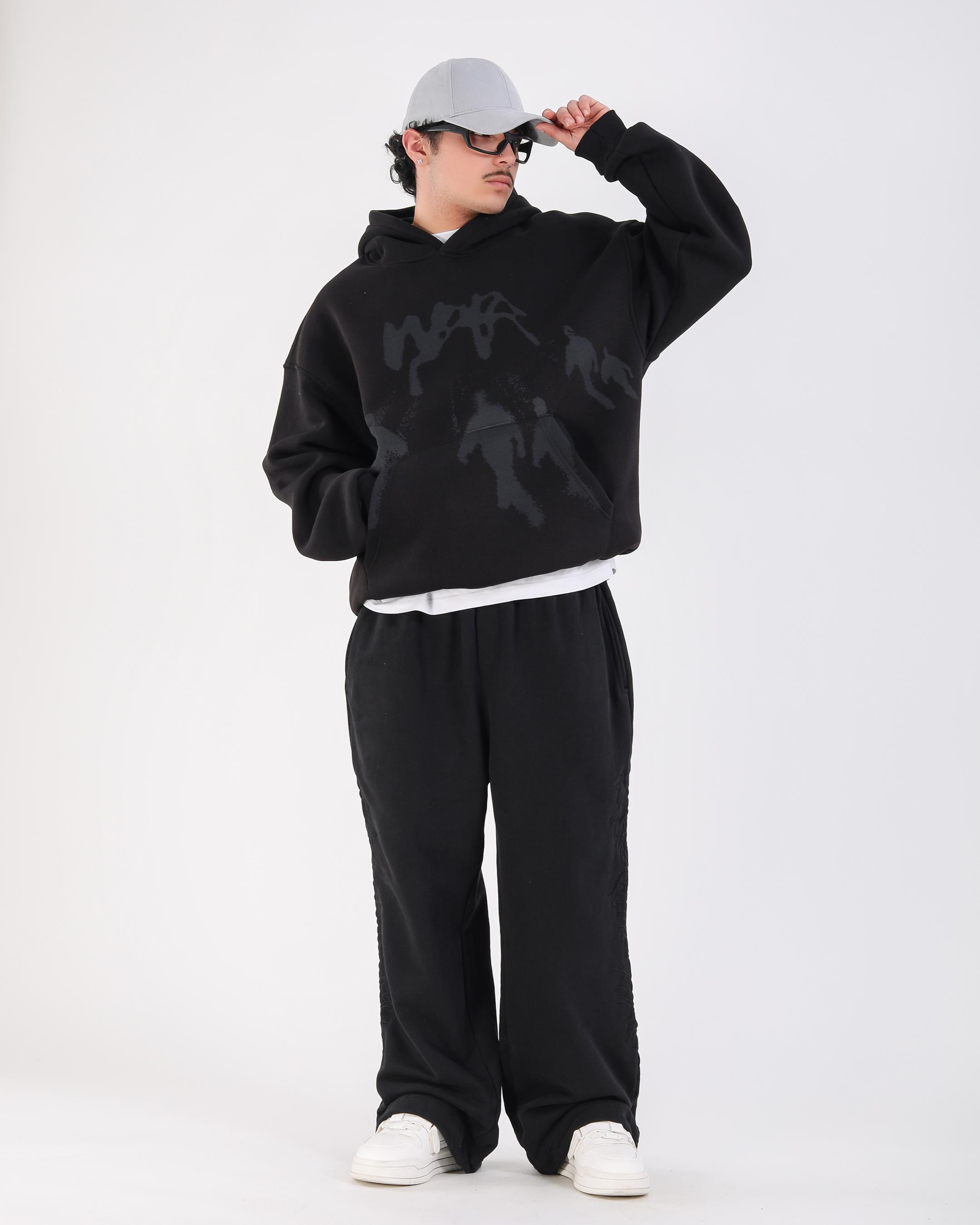 Baskılı Siyah Oversize Hoodie