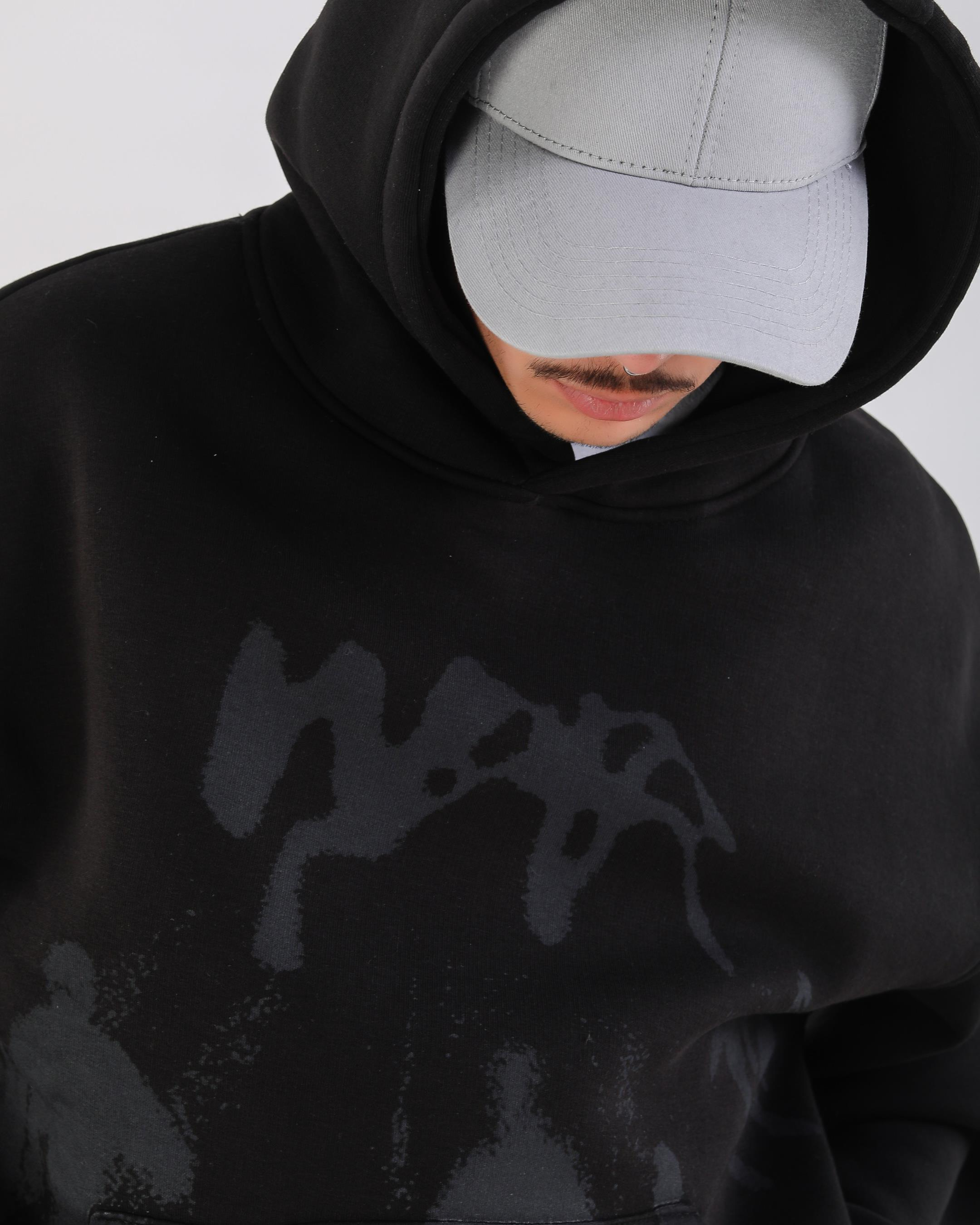 Baskılı Siyah Oversize Hoodie