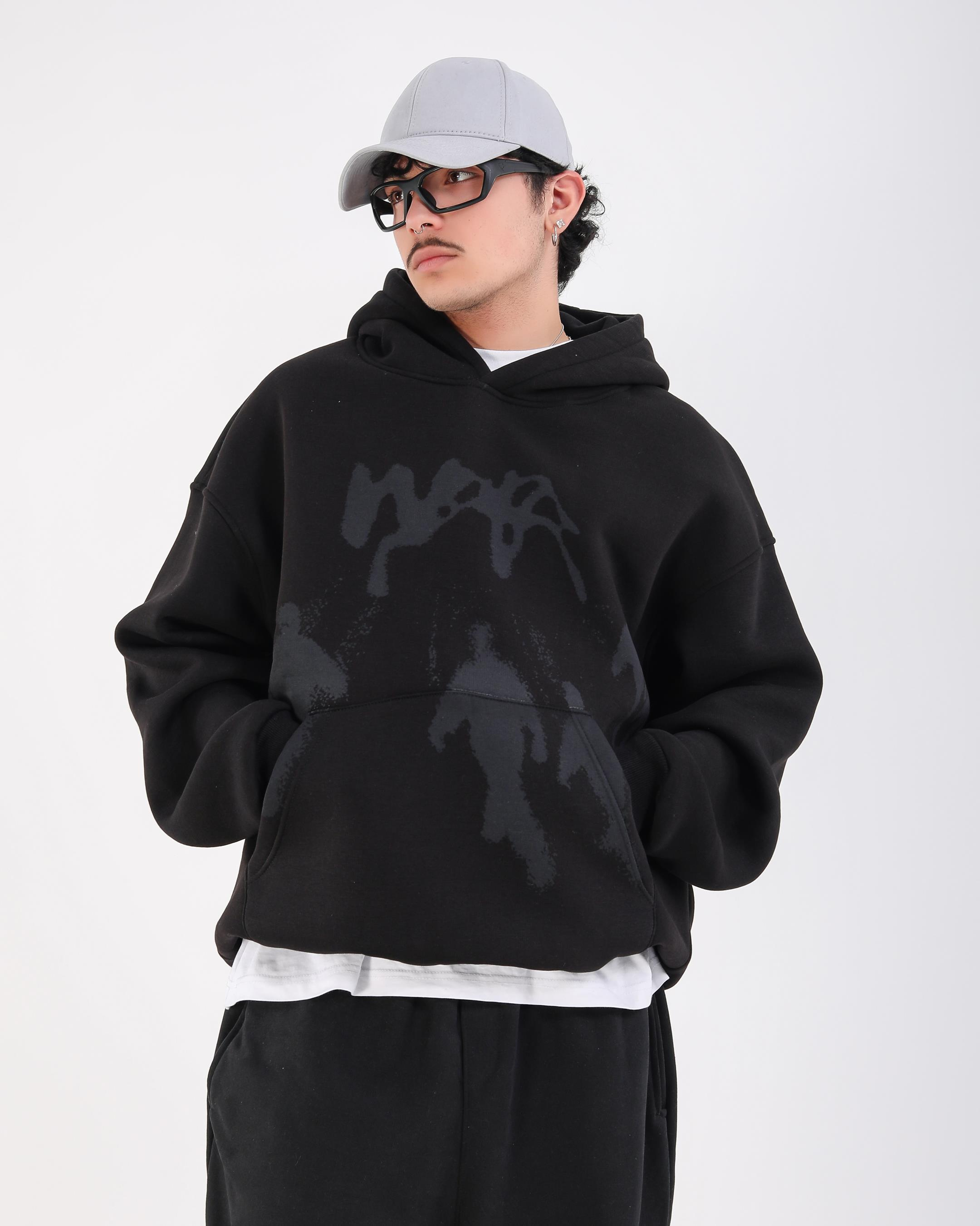 Baskılı Siyah Oversize Hoodie