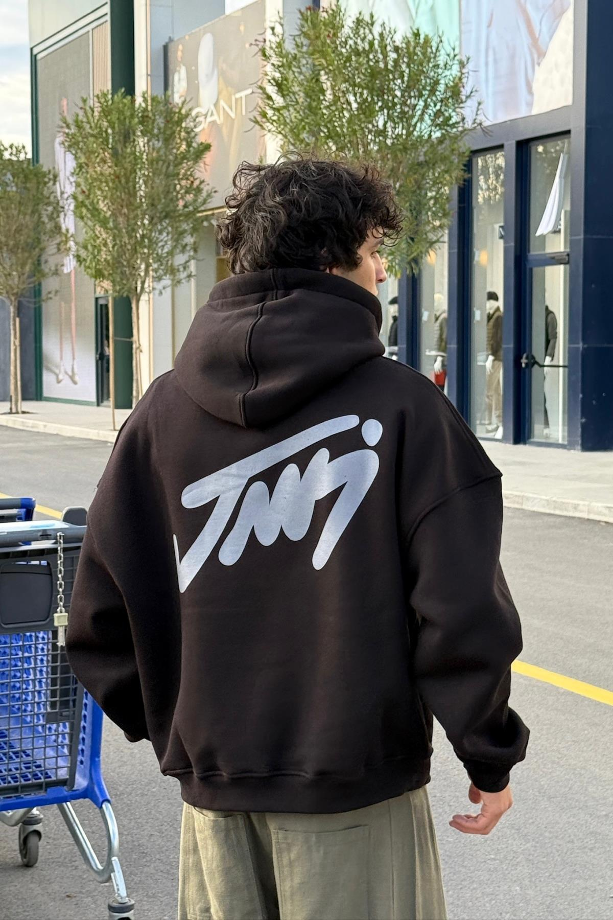 Baskılı Siyah Oversize Hoodie JC01