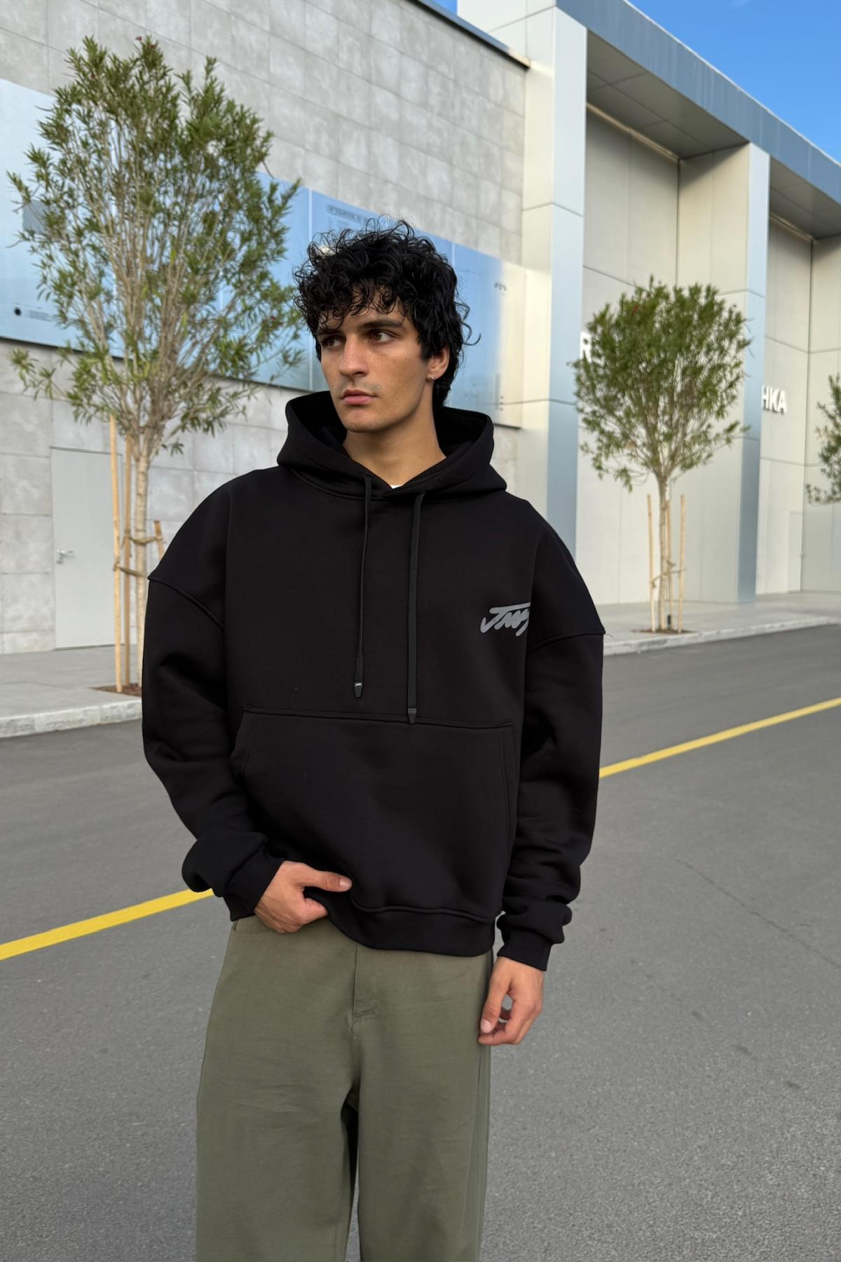 Baskılı Siyah Oversize Hoodie JC01