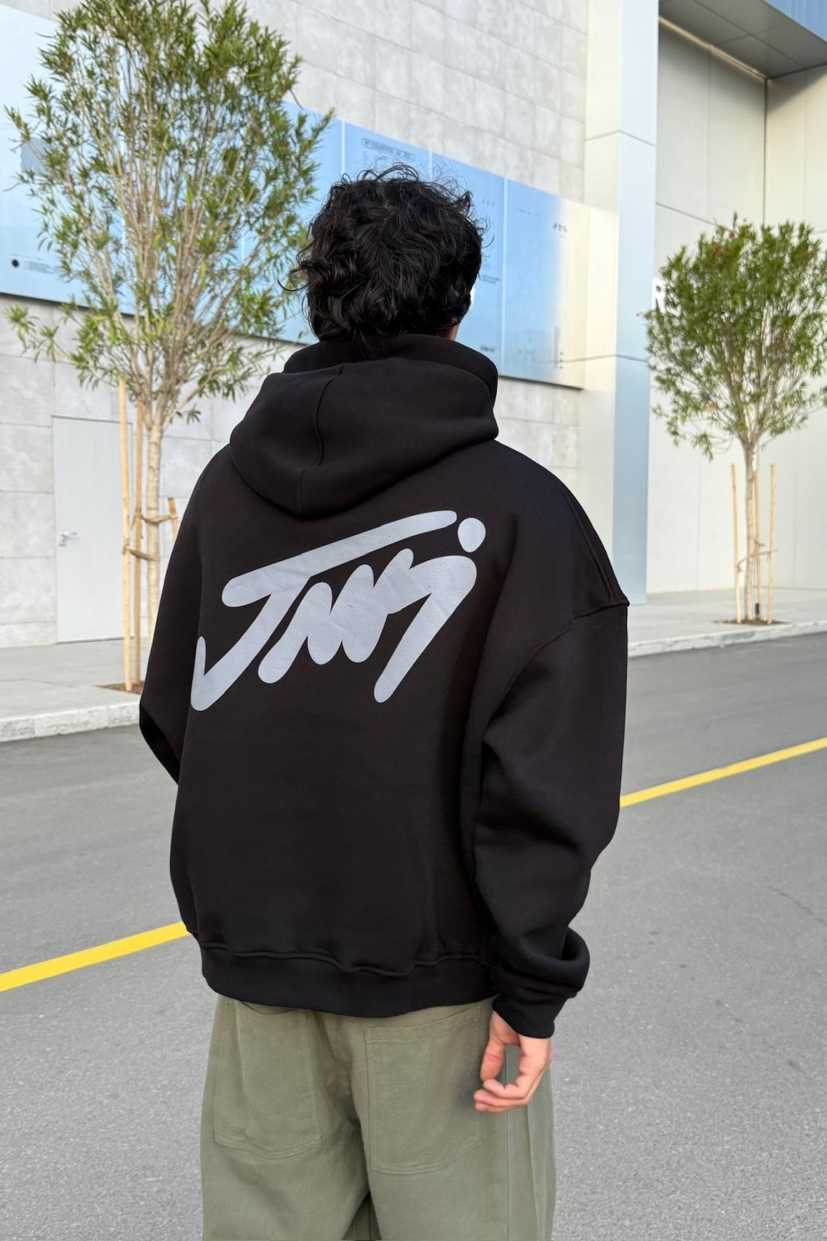 Baskılı Siyah Oversize Hoodie JC01