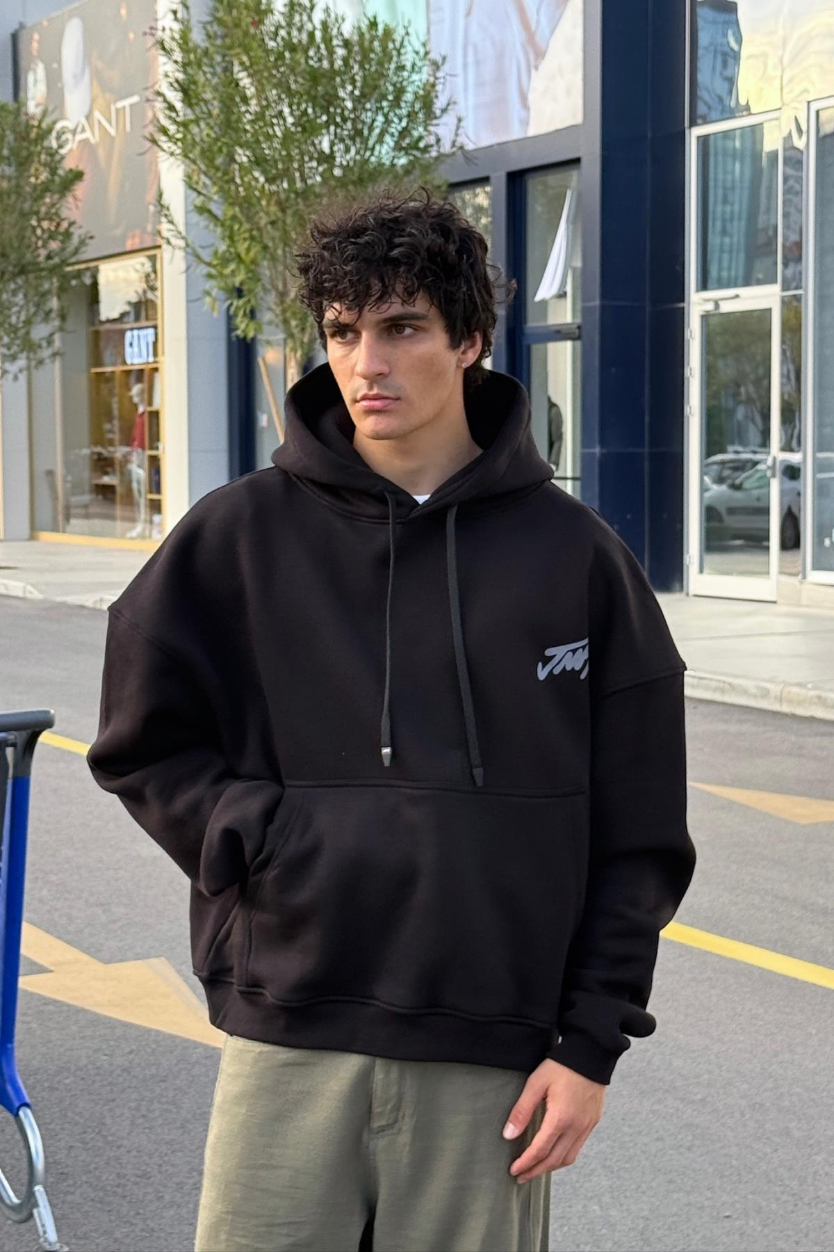 Baskılı Siyah Oversize Hoodie JC01