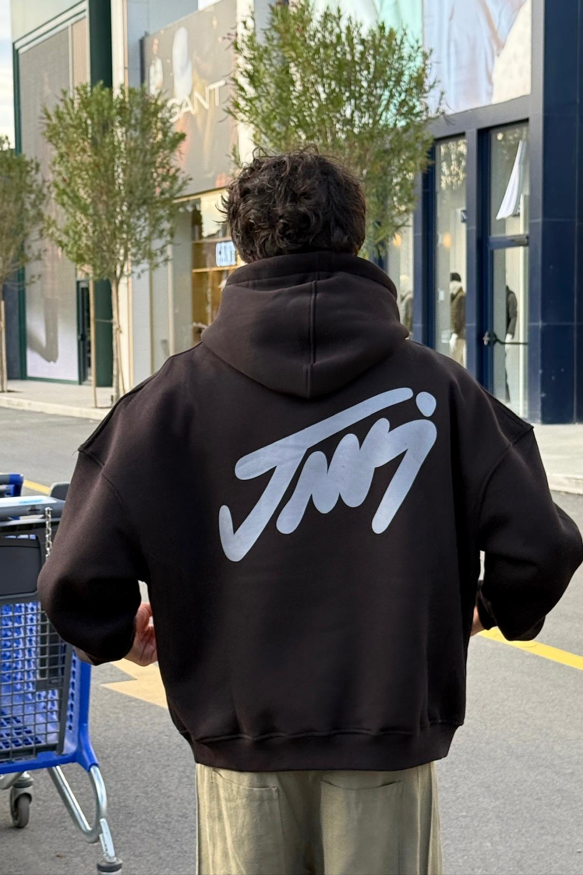 Baskılı Siyah Oversize Hoodie JC01