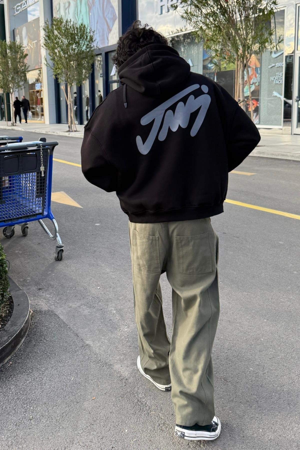 Baskılı Siyah Oversize Hoodie JC01