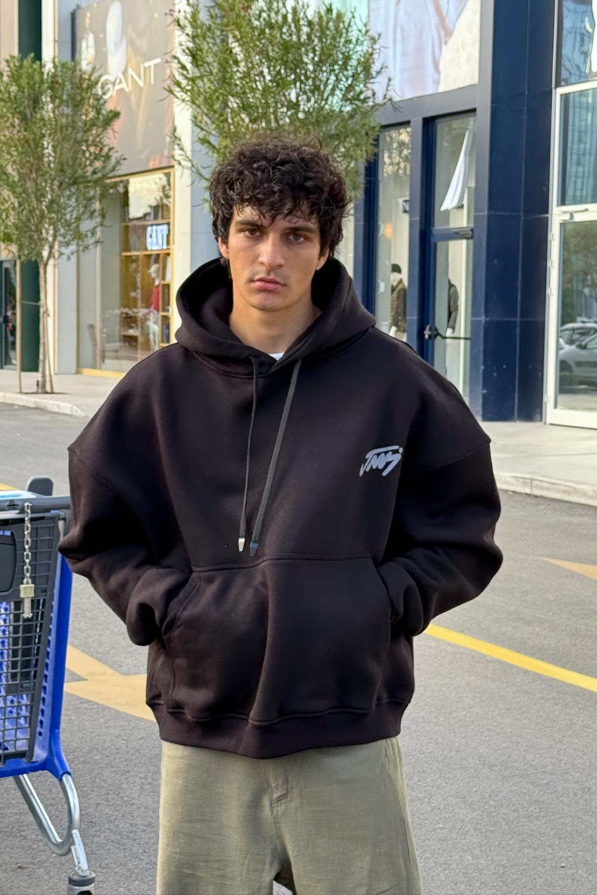 Baskılı Siyah Oversize Hoodie JC01
