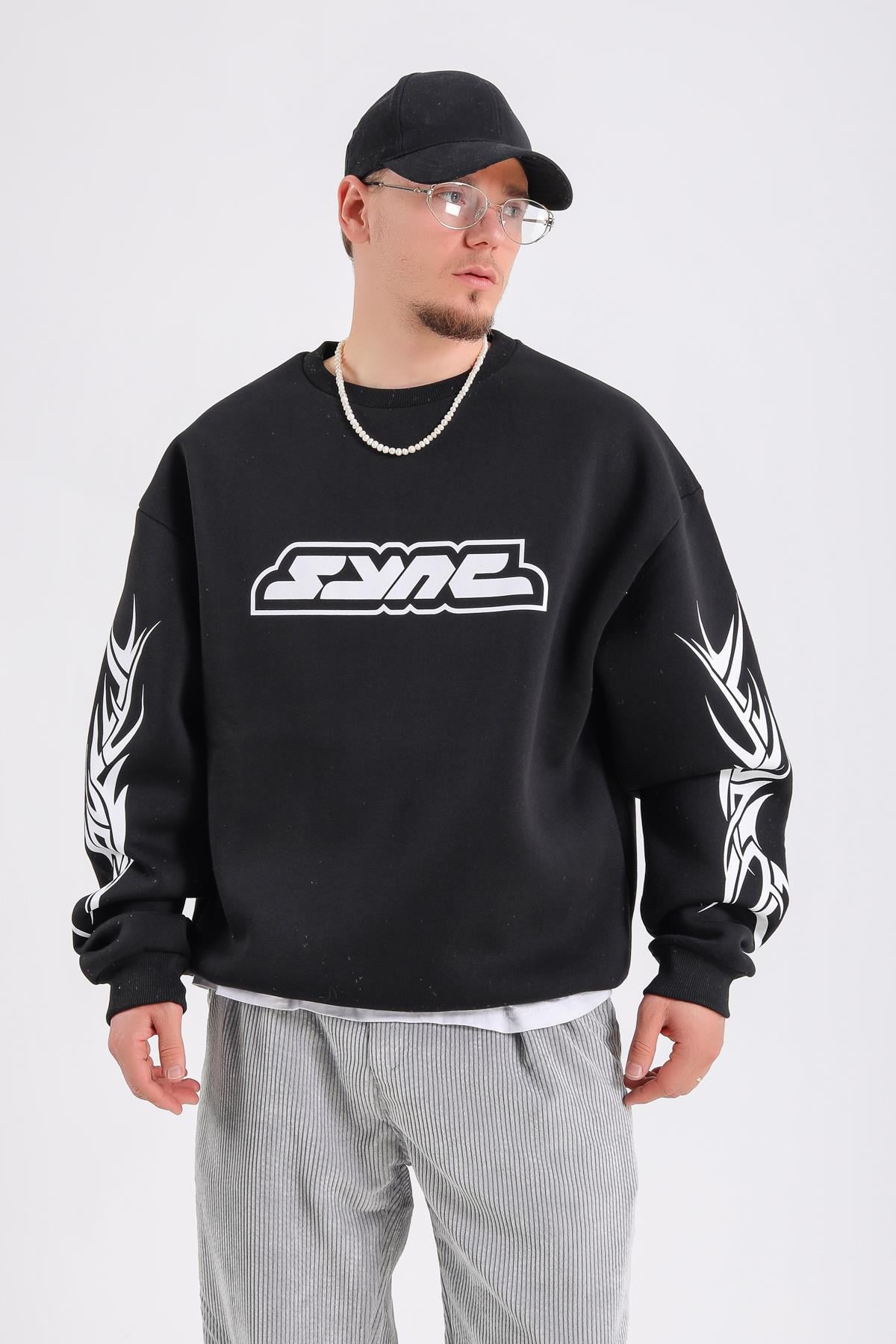 Baskılı Siyah Oversize Sync Sweatshirt SW1212