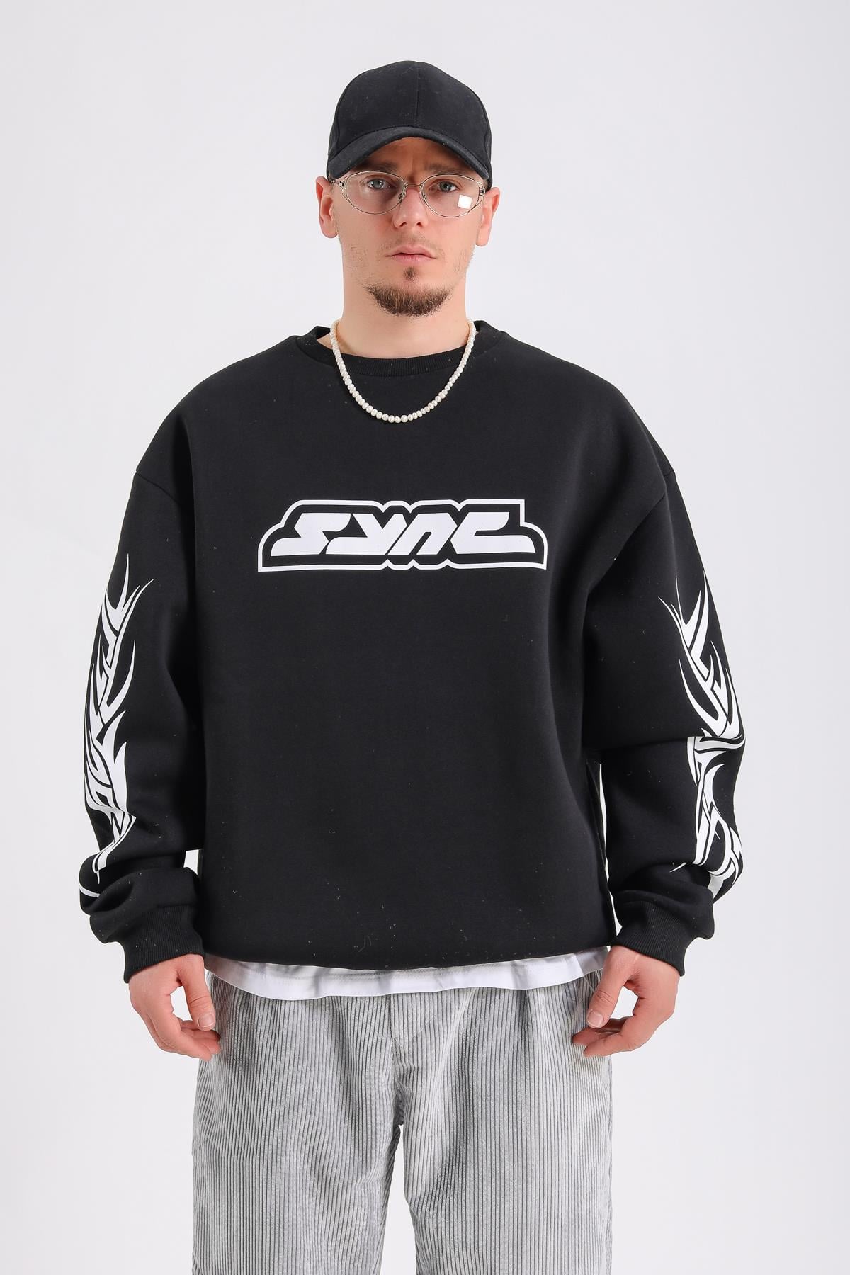 Baskılı Siyah Oversize Sync Sweatshirt SW1212