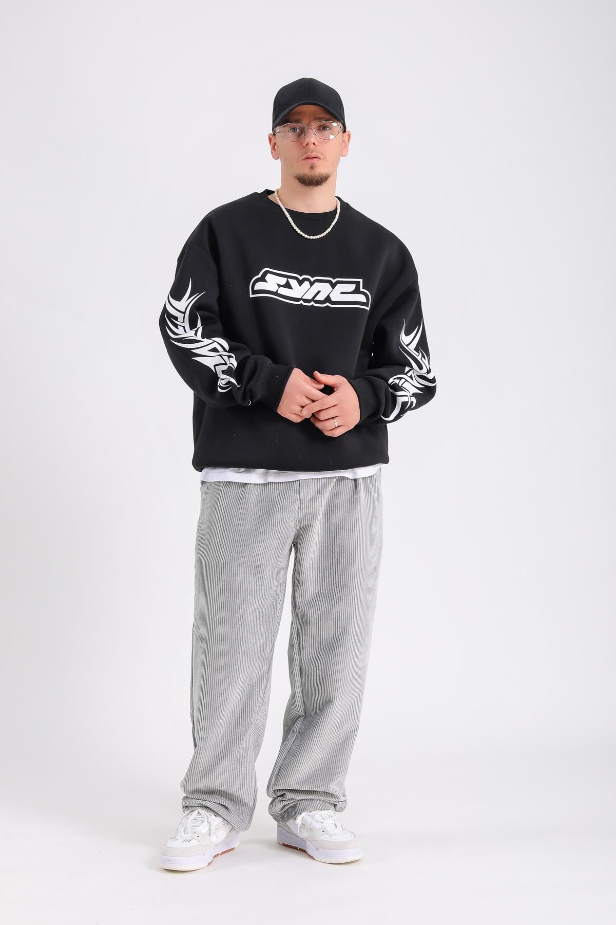 Baskılı Siyah Oversize Sync Sweatshirt SW1212