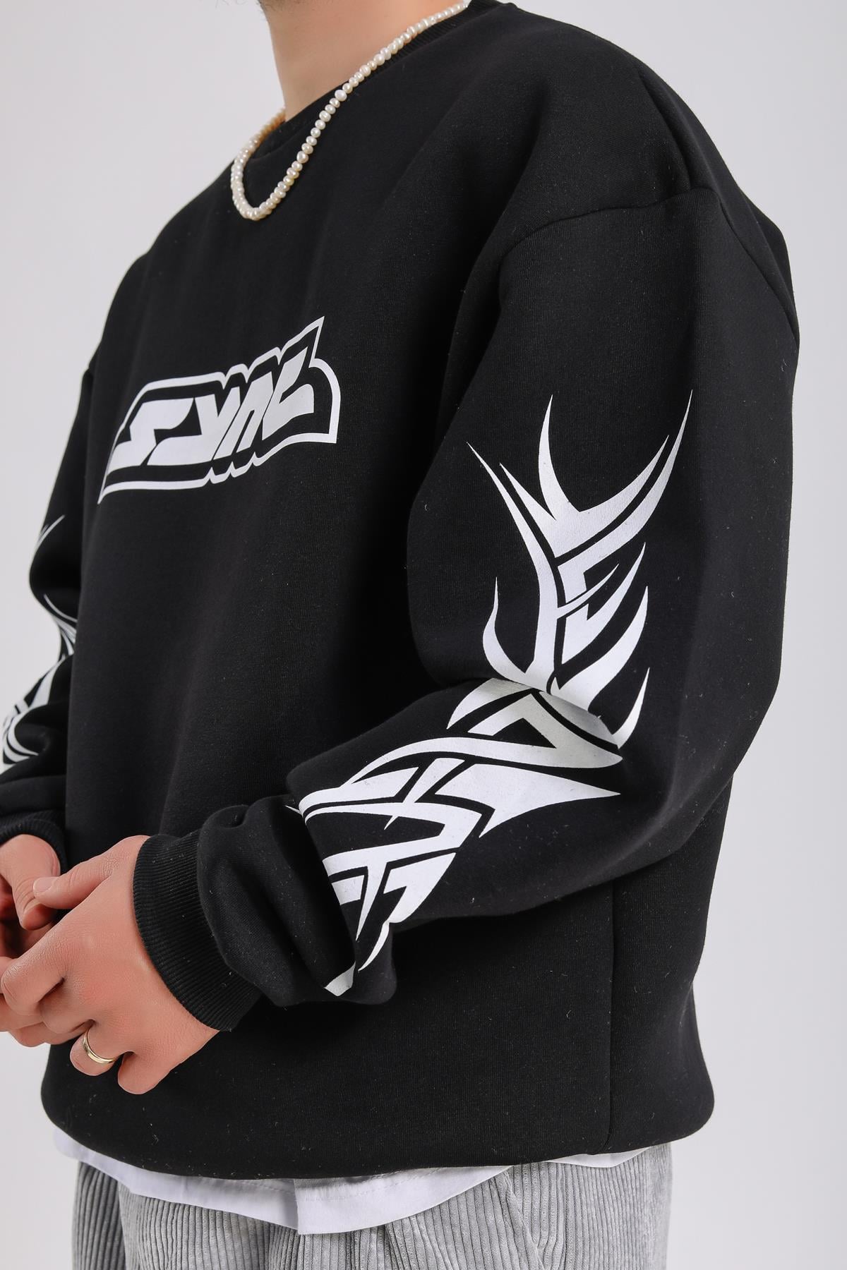 Baskılı Siyah Oversize Sync Sweatshirt SW1212