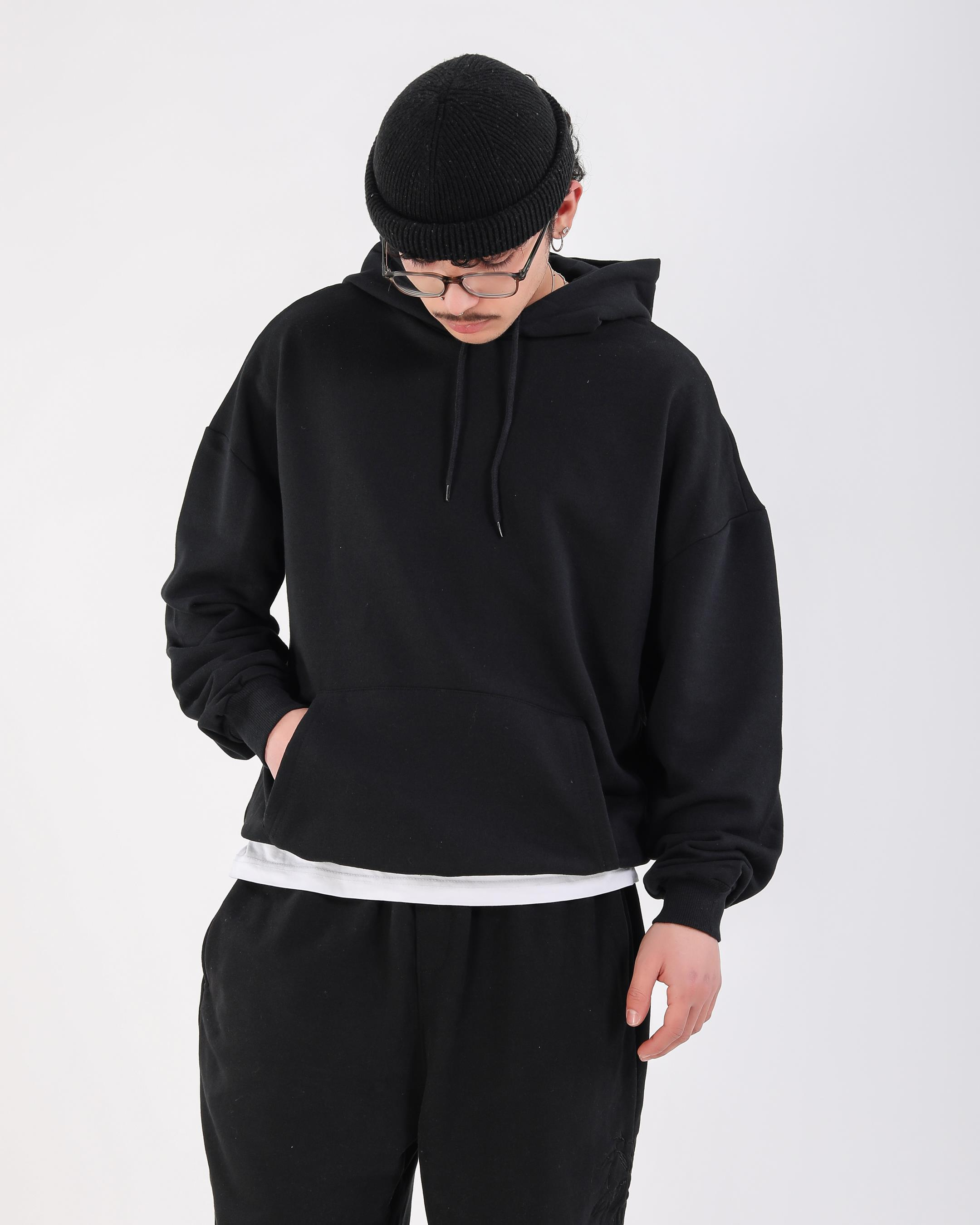 Baskılı Siyah Oversize Tokyo Hoodie
