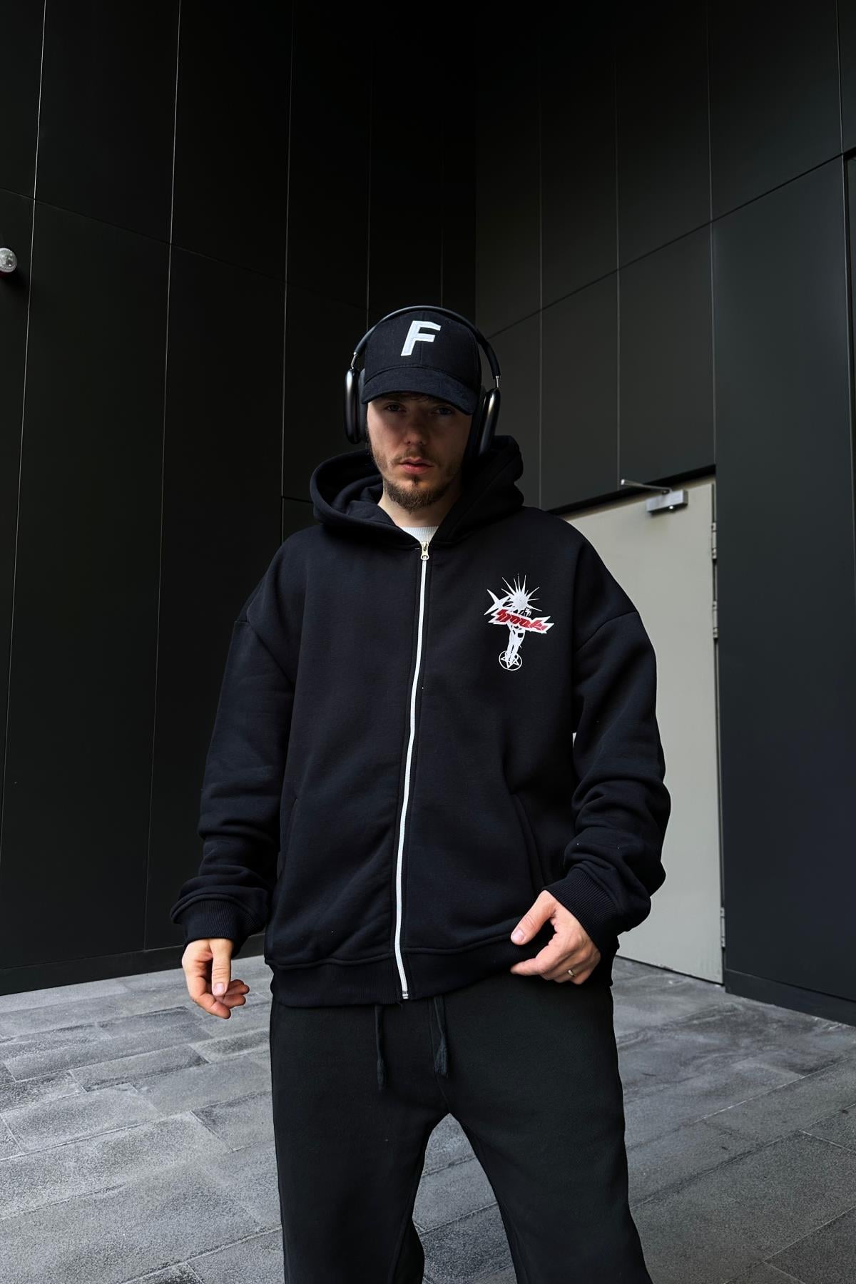 Baskılı Siyah Oversize Zipper  Hoodie SW1108