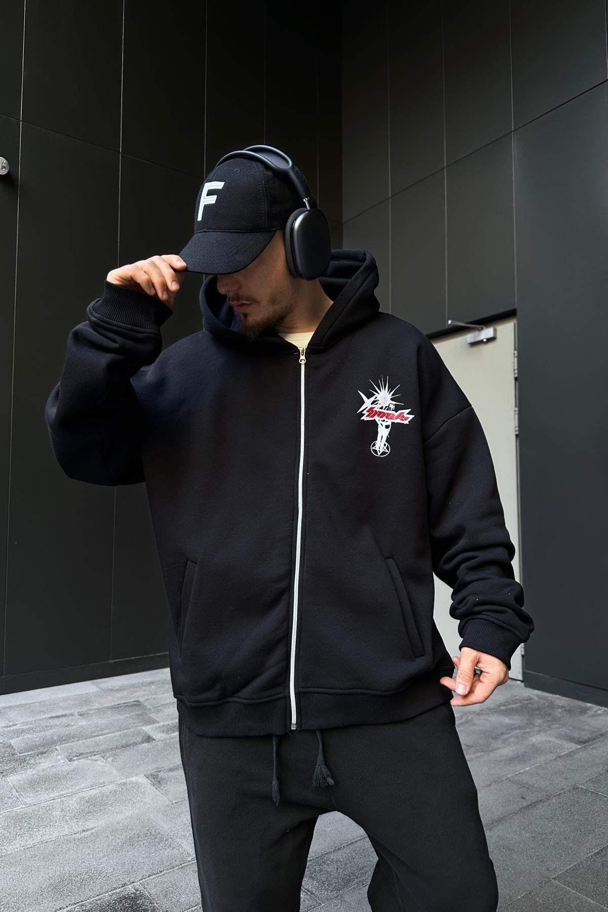 Baskılı Siyah Oversize Zipper  Hoodie SW1108