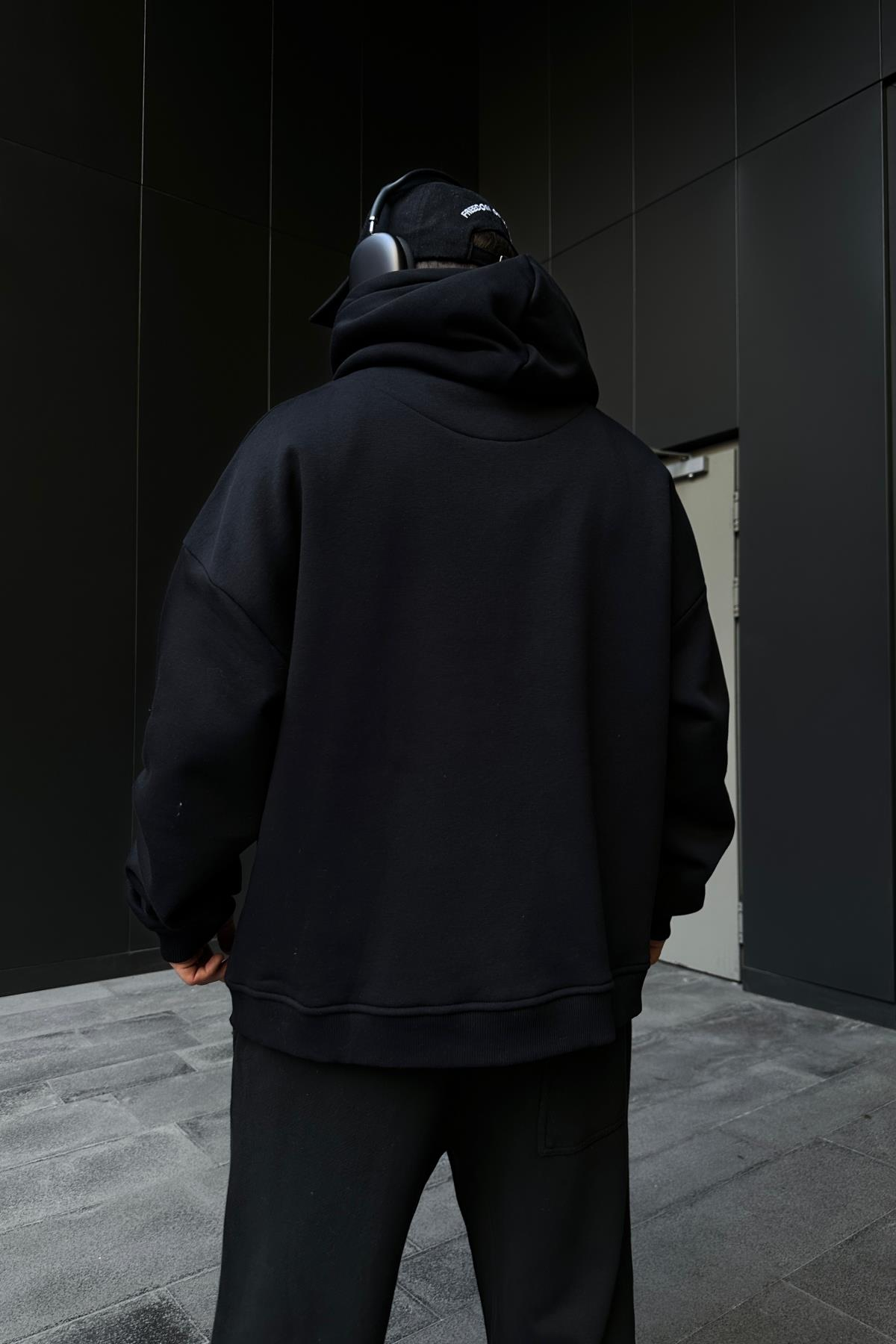 Baskılı Siyah Oversize Zipper  Hoodie SW1108