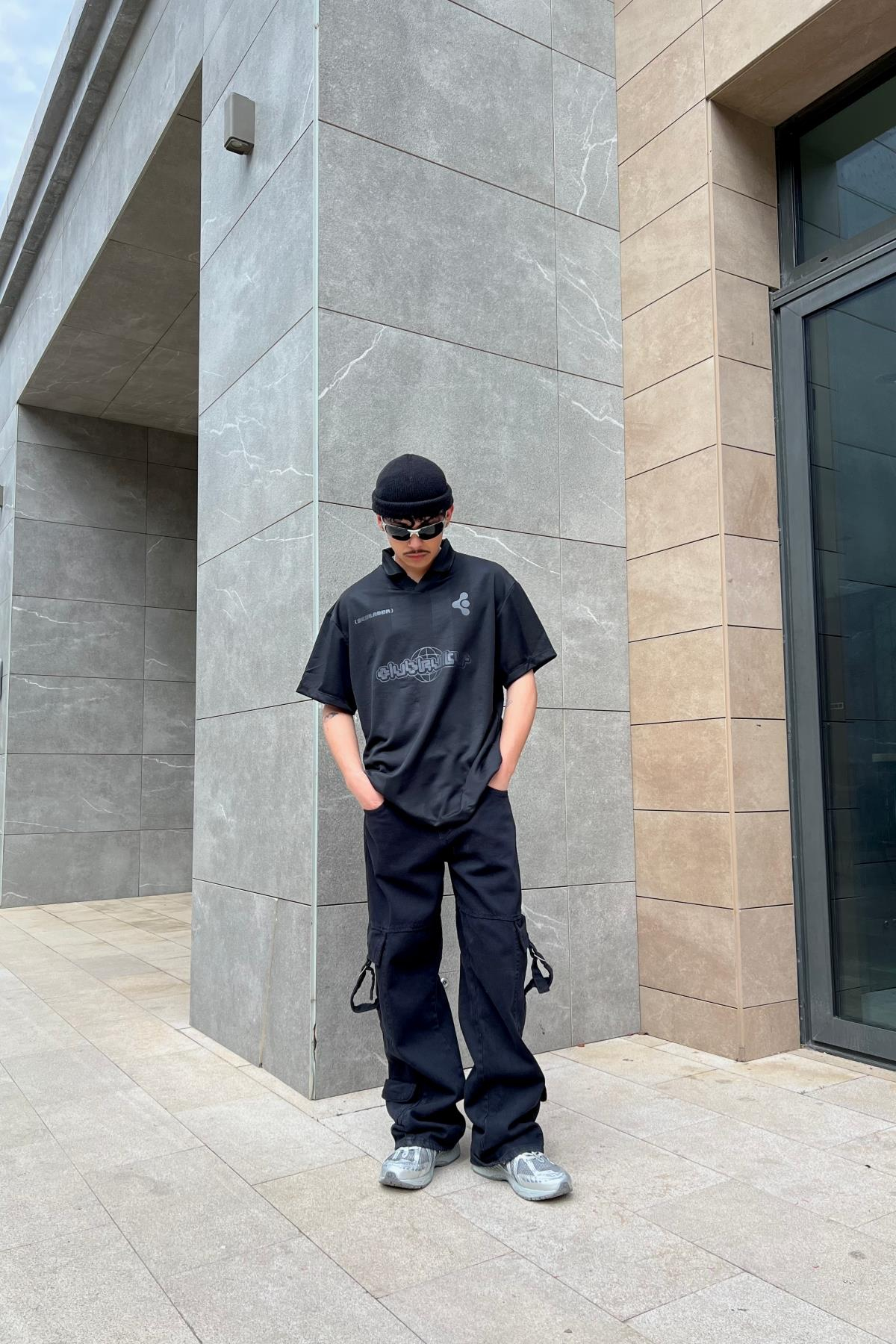 Baskılı Siyah Polo Yaka Oversize Forma Tshirt