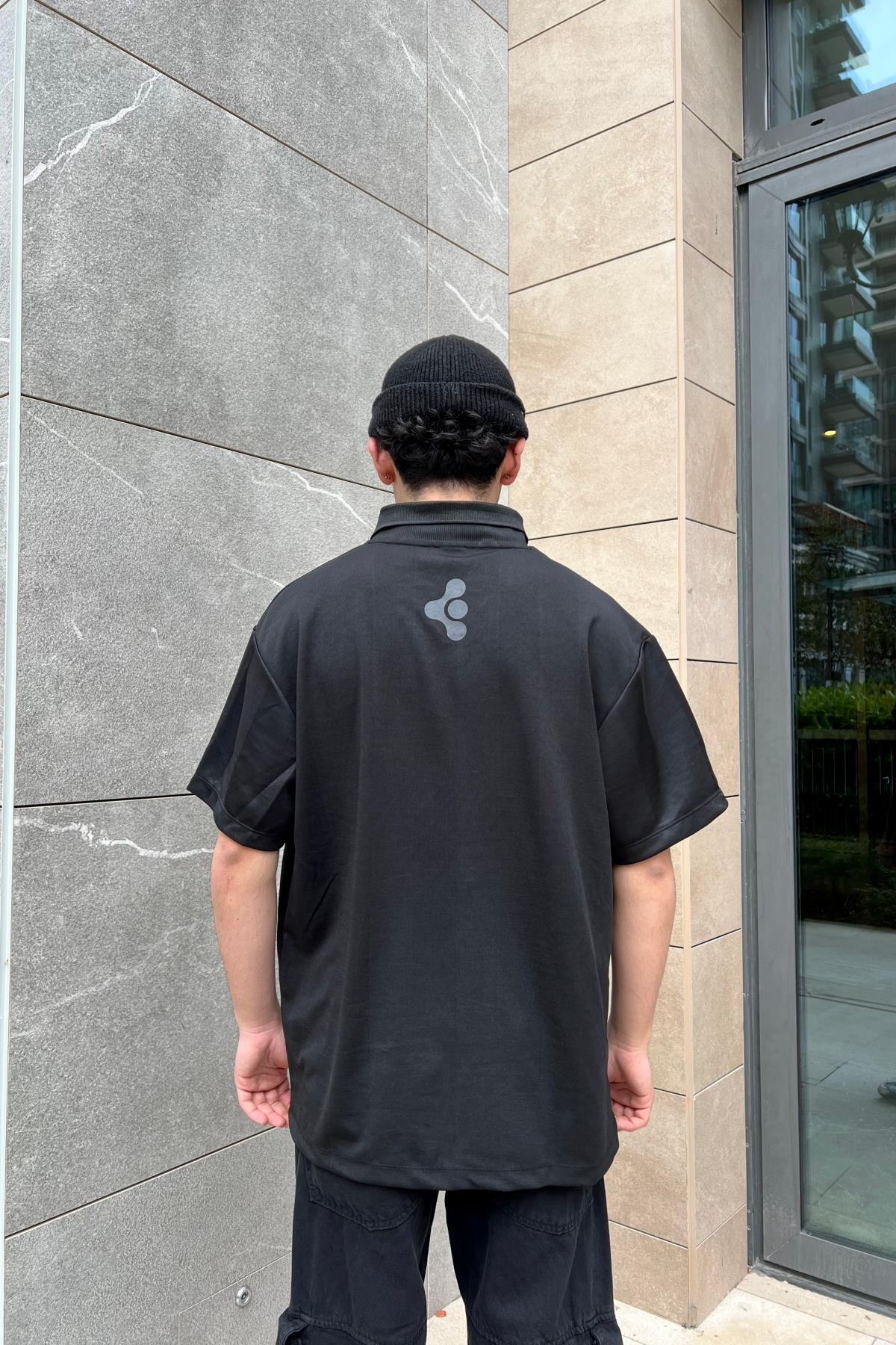 Baskılı Siyah Polo Yaka Oversize Forma Tshirt