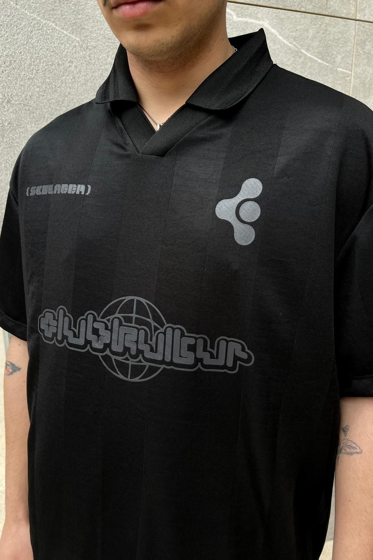 Baskılı Siyah Polo Yaka Oversize Forma Tshirt