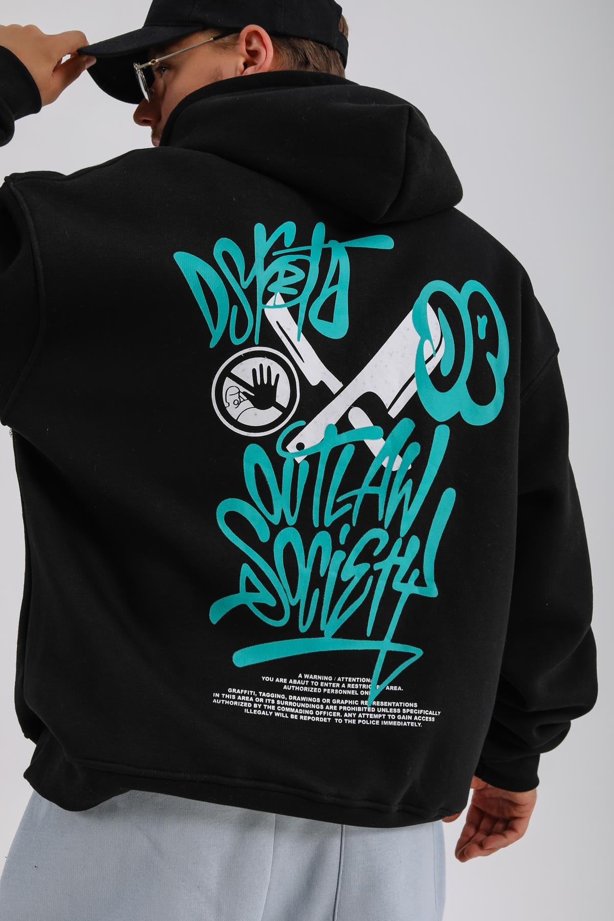 Baskılı Siyah Society Oversize Sweatshirt SW1137