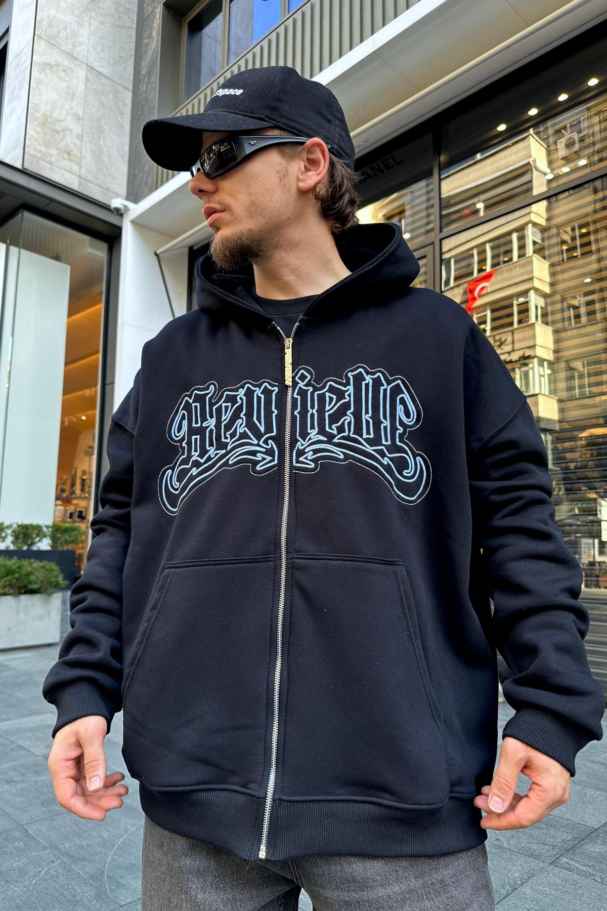 Baskılı Siyah Zipper Oversize Sweatshirt SW978