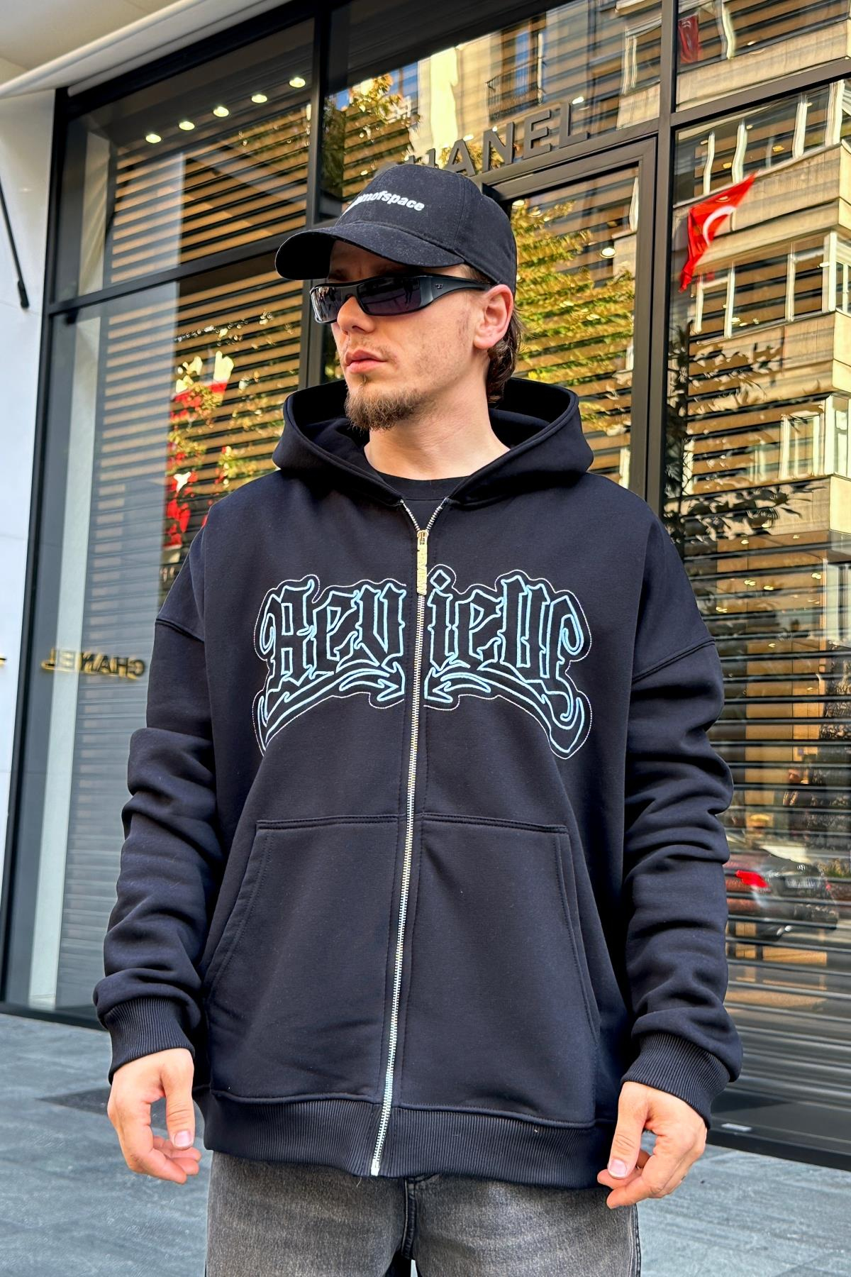 Baskılı Siyah Zipper Oversize Sweatshirt SW978