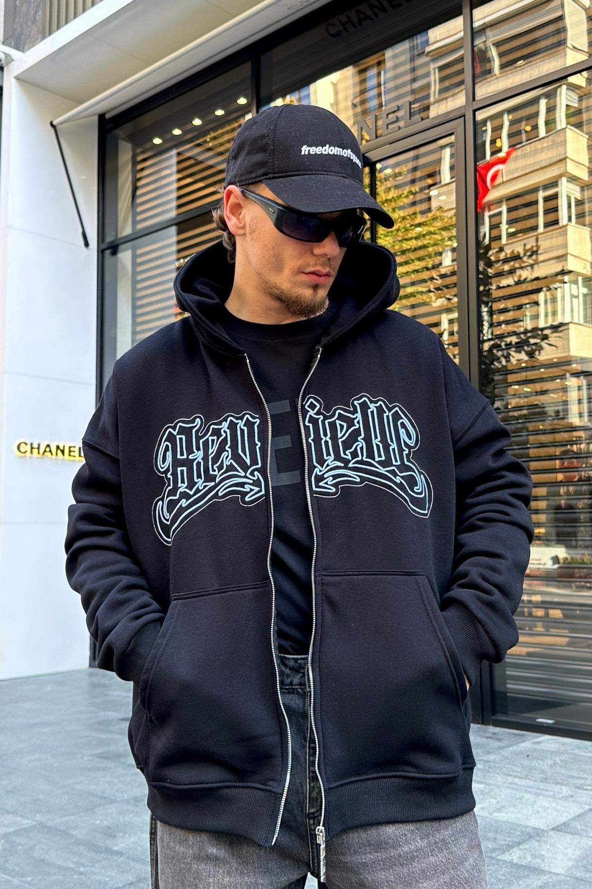 Baskılı Siyah Zipper Oversize Sweatshirt SW978