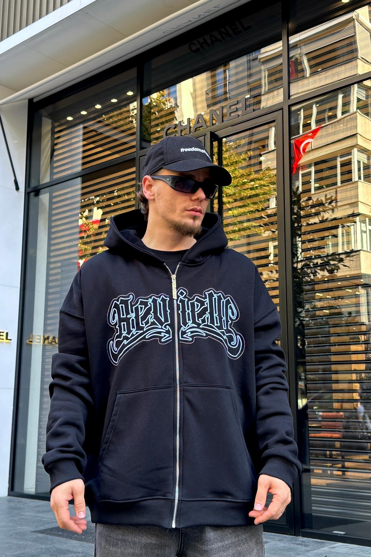 Baskılı Siyah Zipper Oversize Sweatshirt SW978