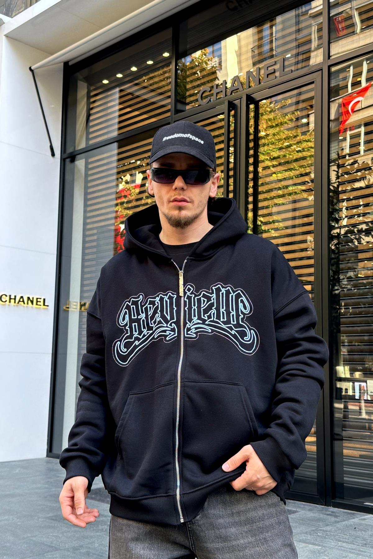 Baskılı Siyah Zipper Oversize Sweatshirt SW978