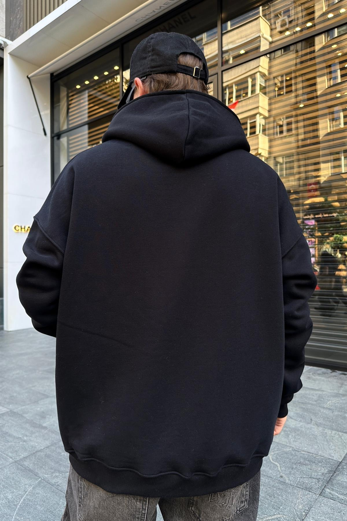 Baskılı Siyah Zipper Oversize Sweatshirt SW978