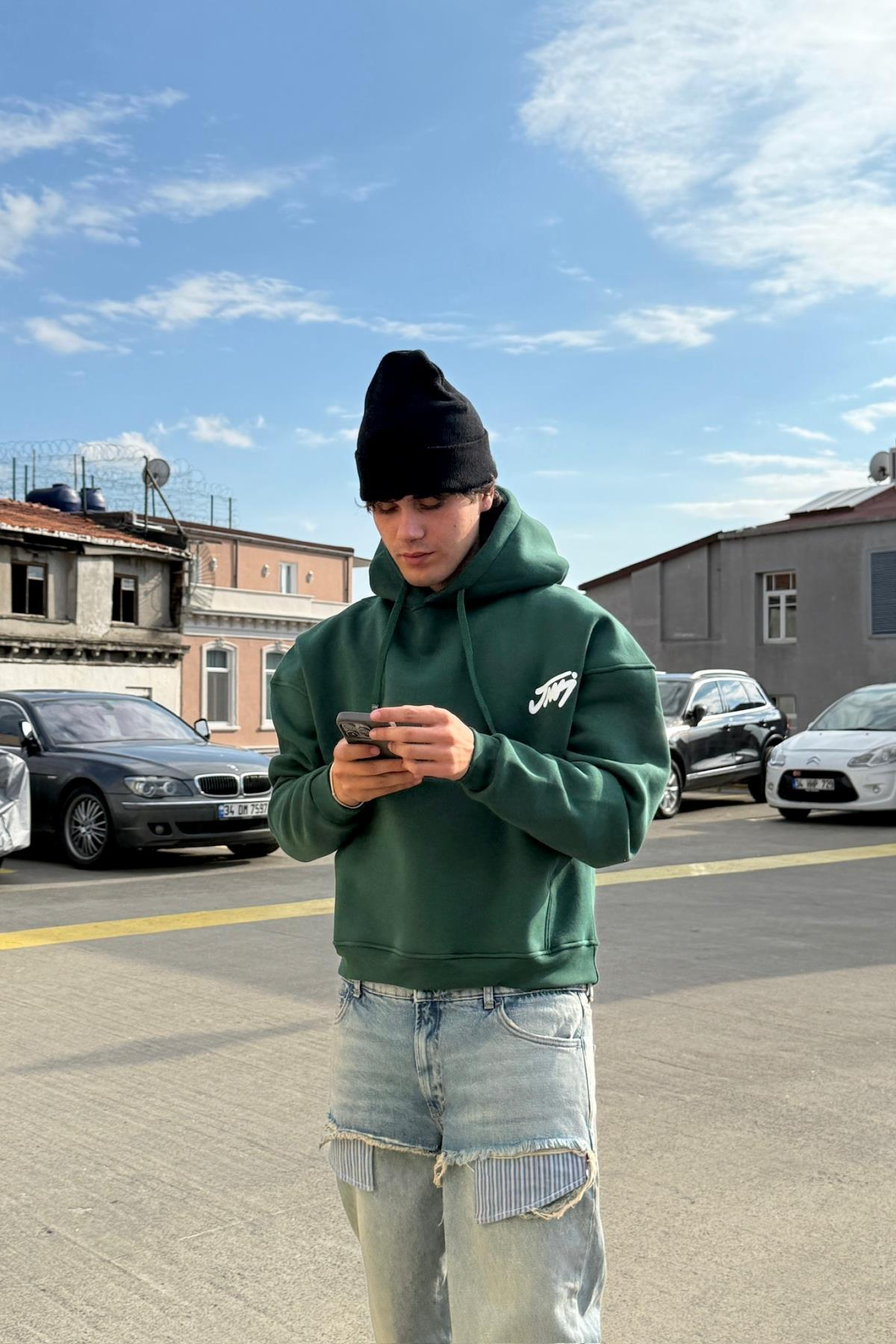 Baskılı Yeşil Oversize Hoodie JC01