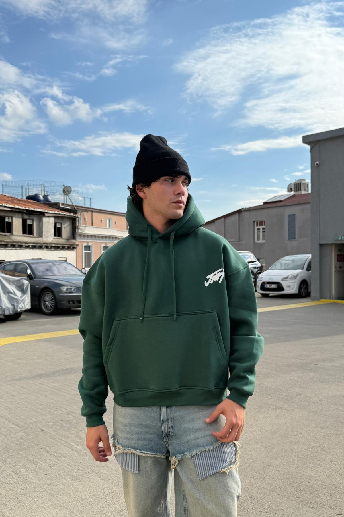 Baskılı Yeşil Oversize Hoodie JC01