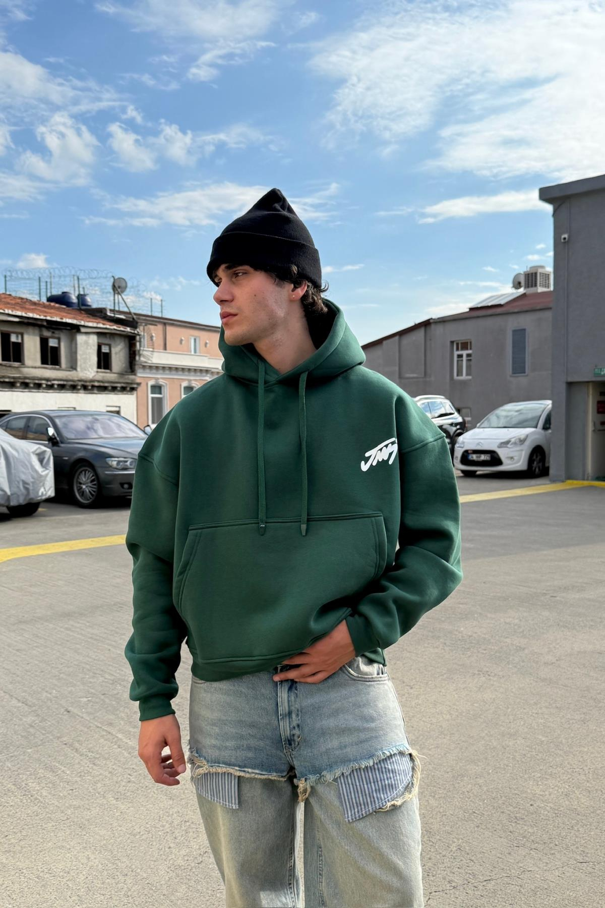 Baskılı Yeşil Oversize Hoodie JC01