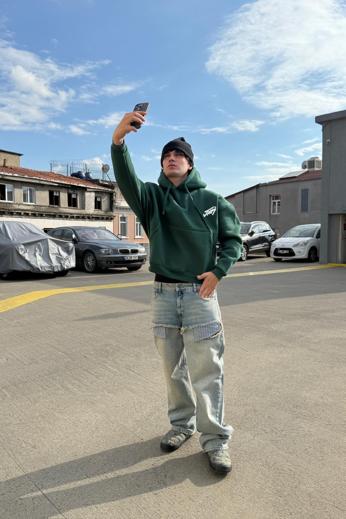 Baskılı Yeşil Oversize Hoodie JC01