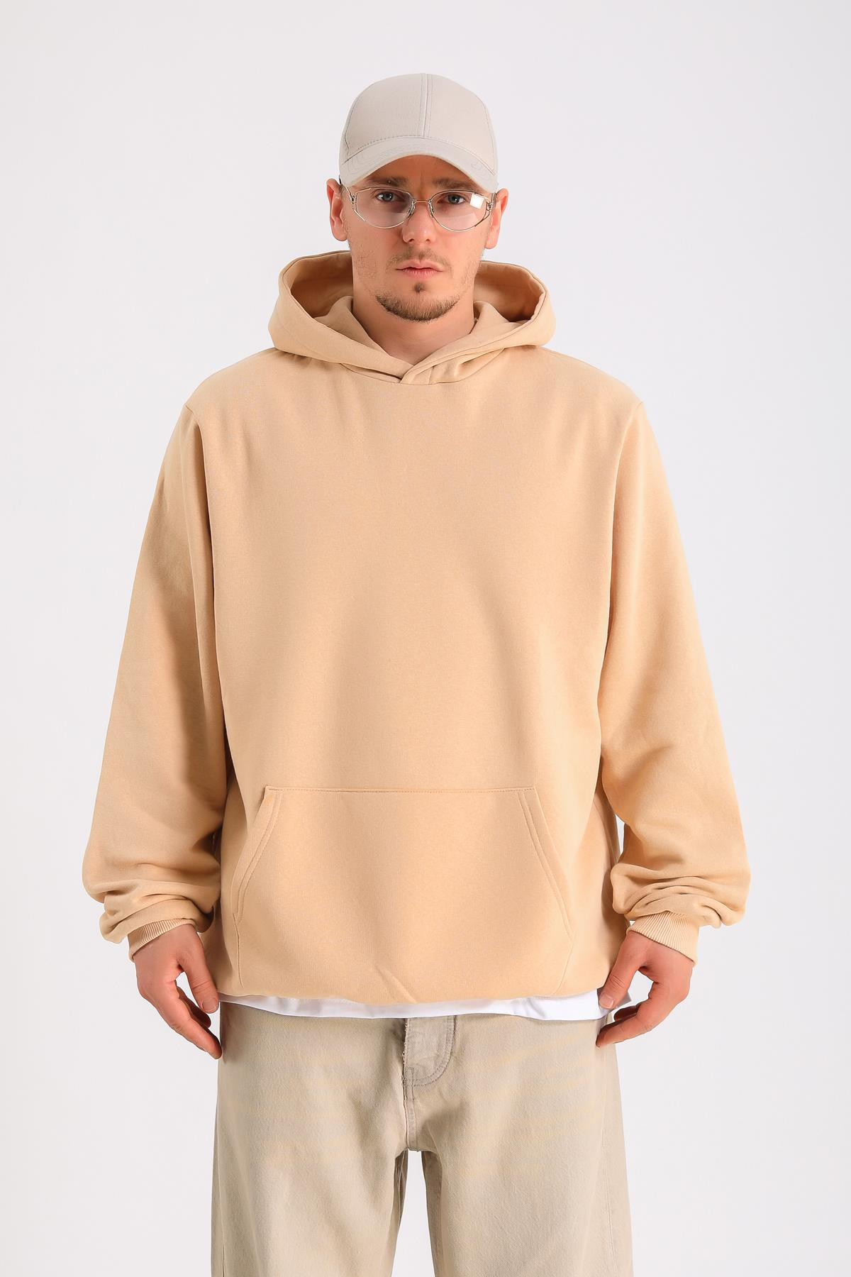 Bej Oversize Basic Hoodie SW1280