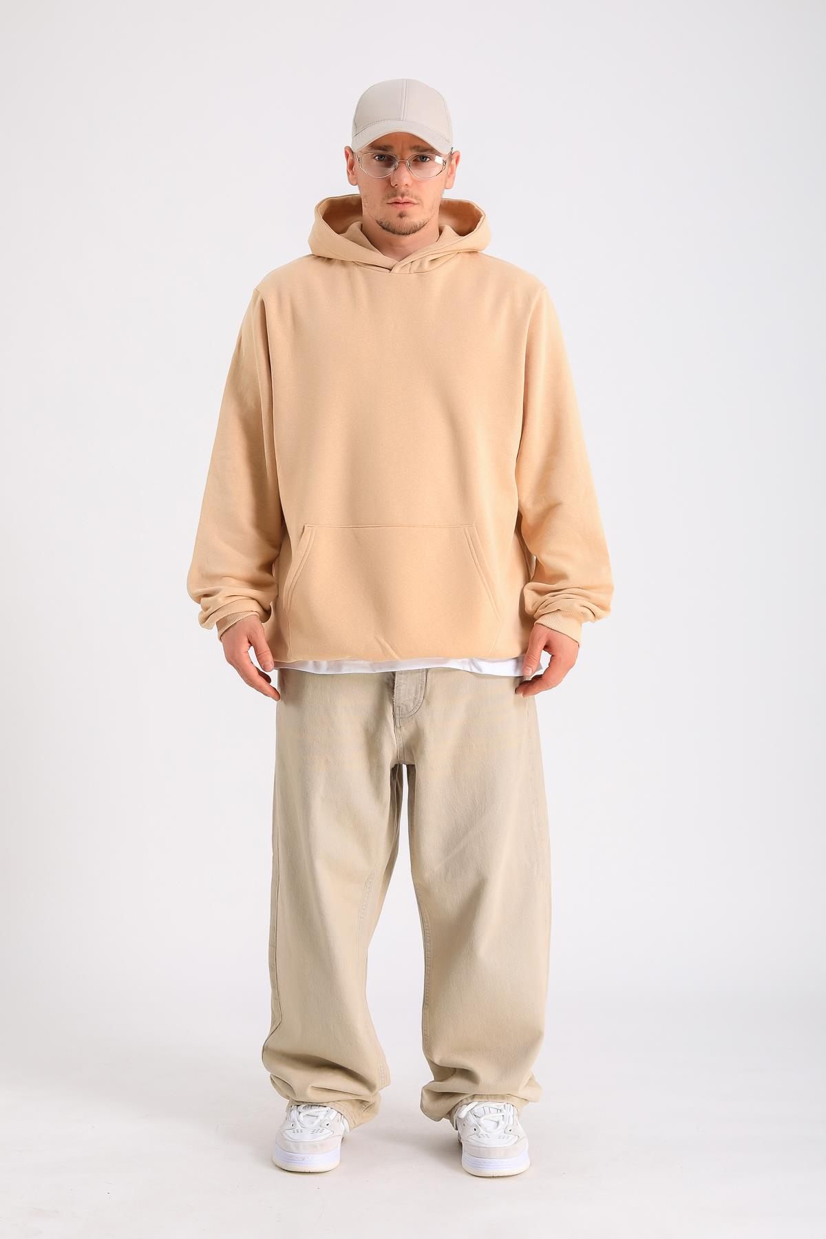 Bej Oversize Basic Hoodie SW1280