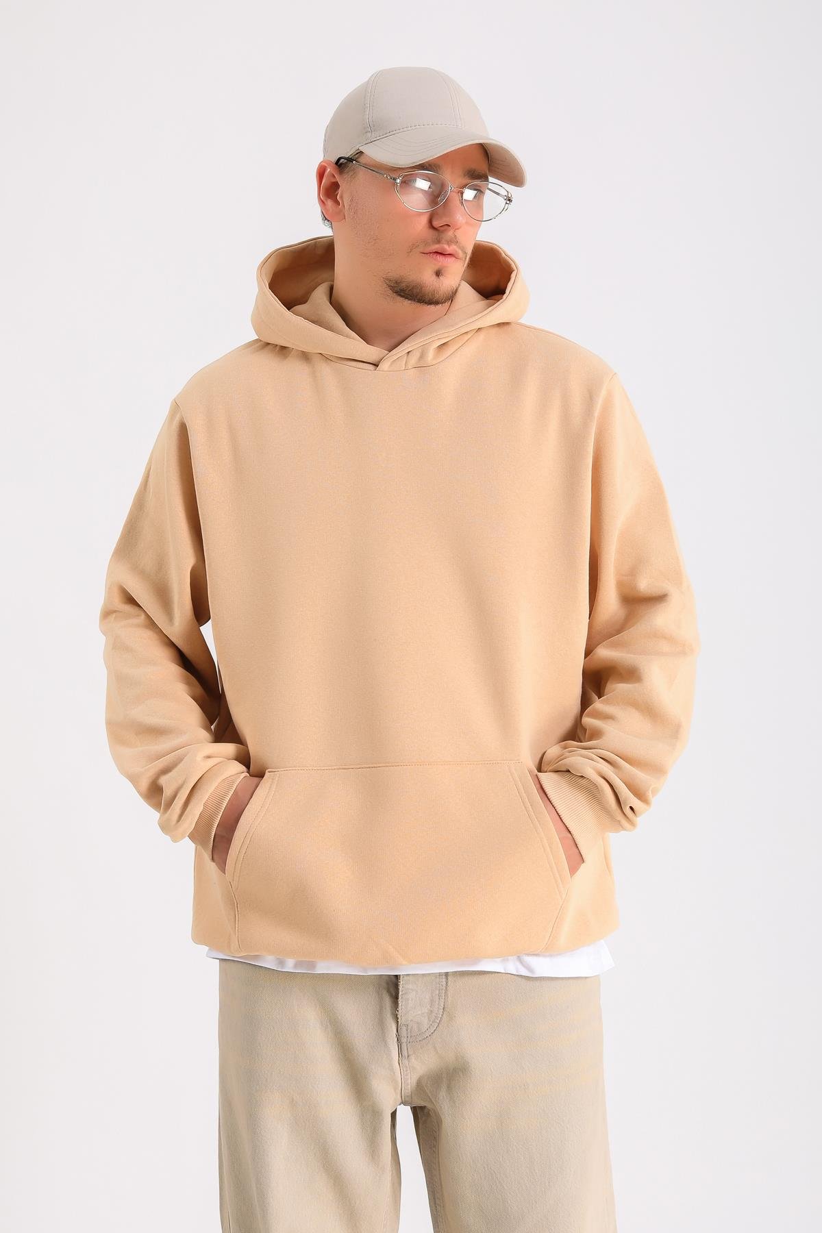 Bej Oversize Basic Hoodie SW1280