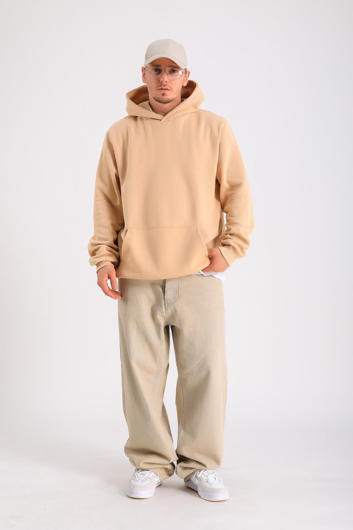 Bej Oversize Basic Hoodie SW1280
