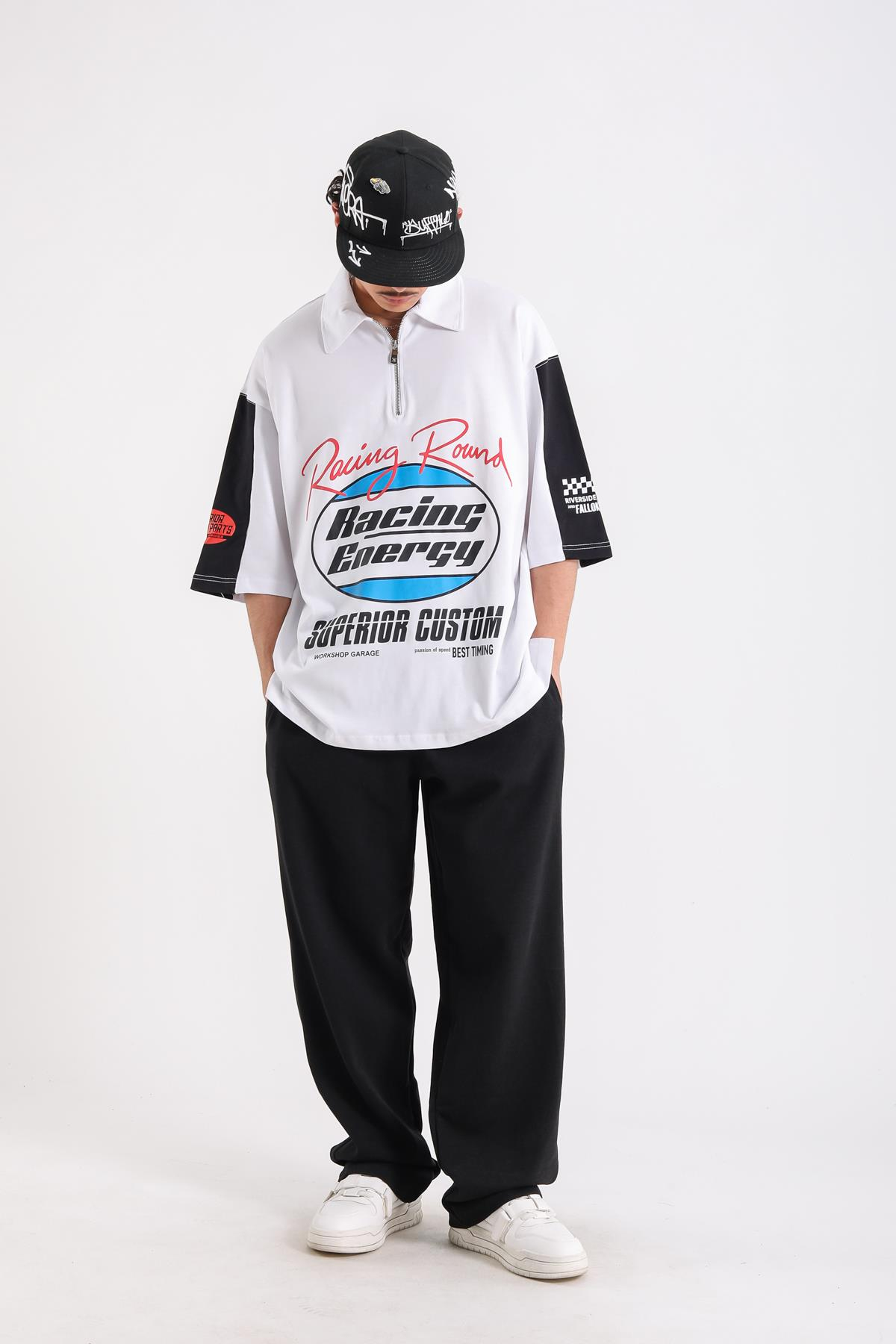 Beyaz Fermuar Polo Yaka Racing Baskılı Oversize Tshirt