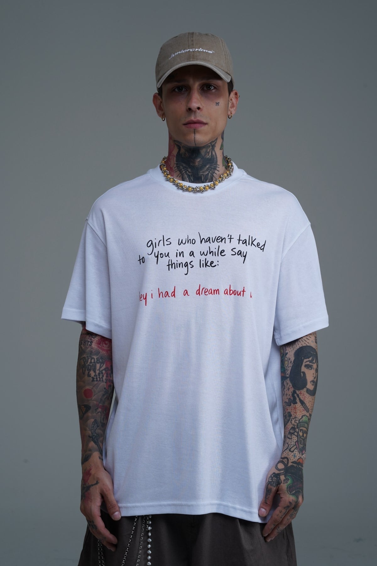 Bisiklet Yaka Baskılı Beyaz Oversize Tshirt CT01 26CY011