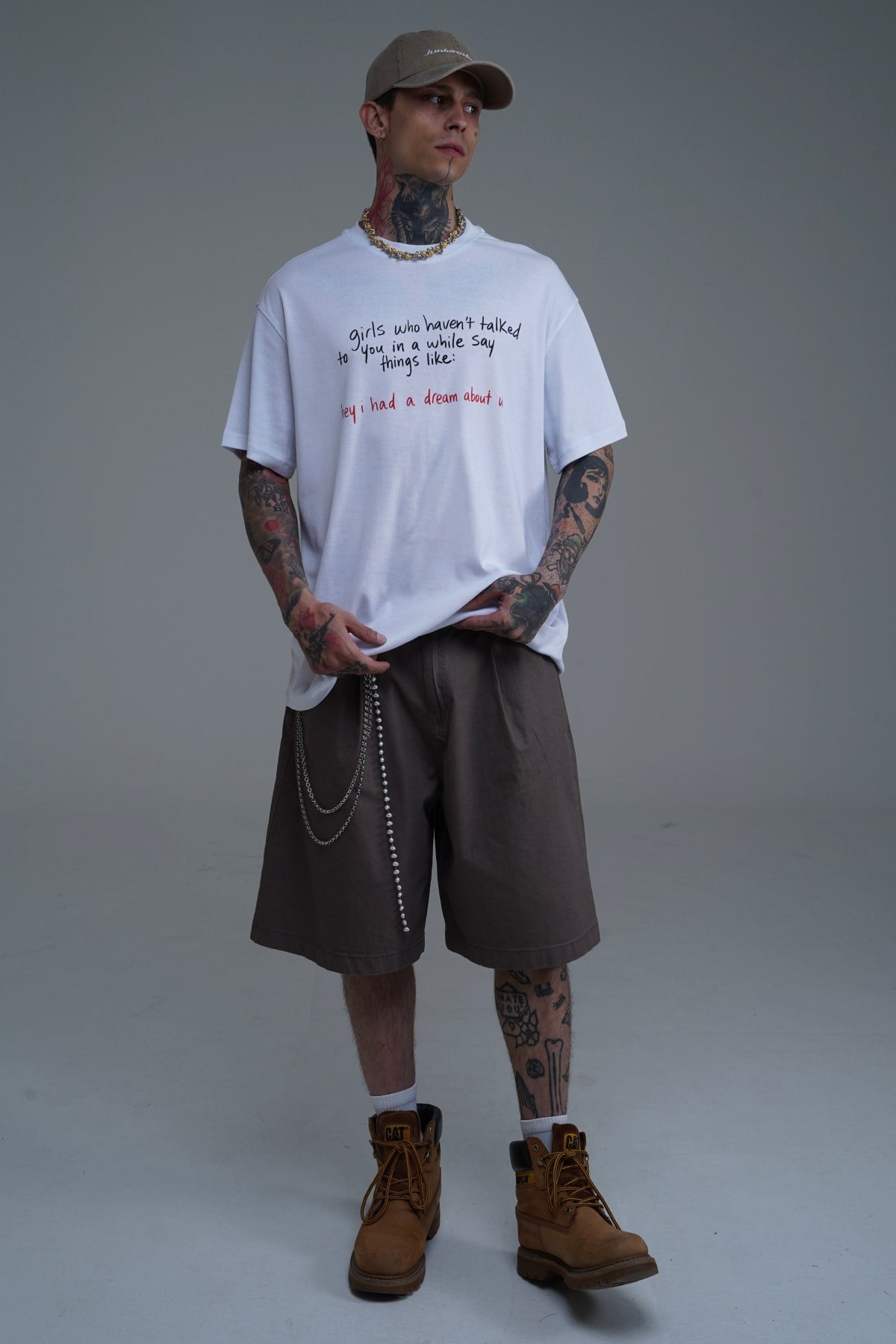 Bisiklet Yaka Baskılı Beyaz Oversize Tshirt CT01 26CY011