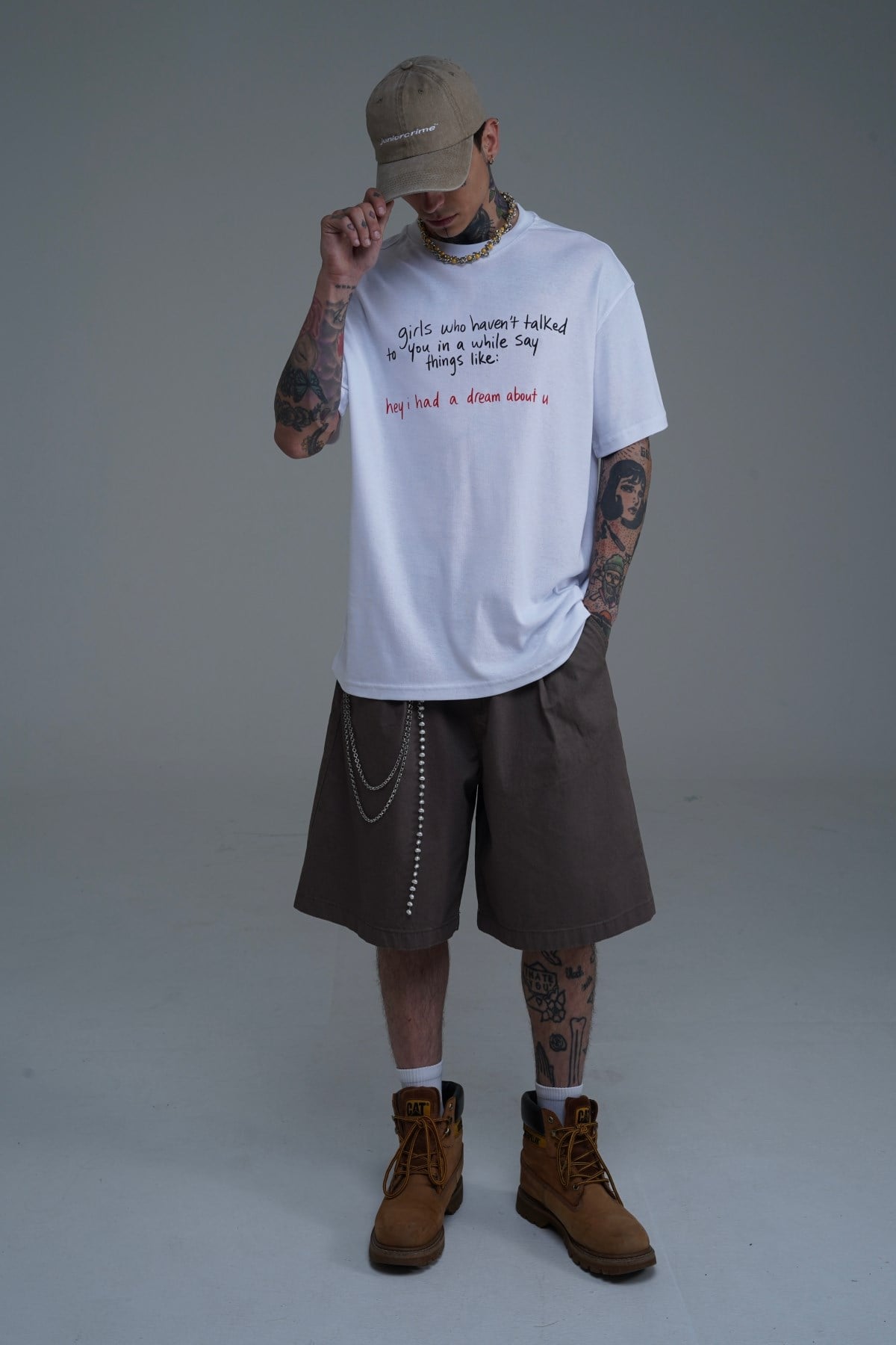 Bisiklet Yaka Baskılı Beyaz Oversize Tshirt CT01 26CY011