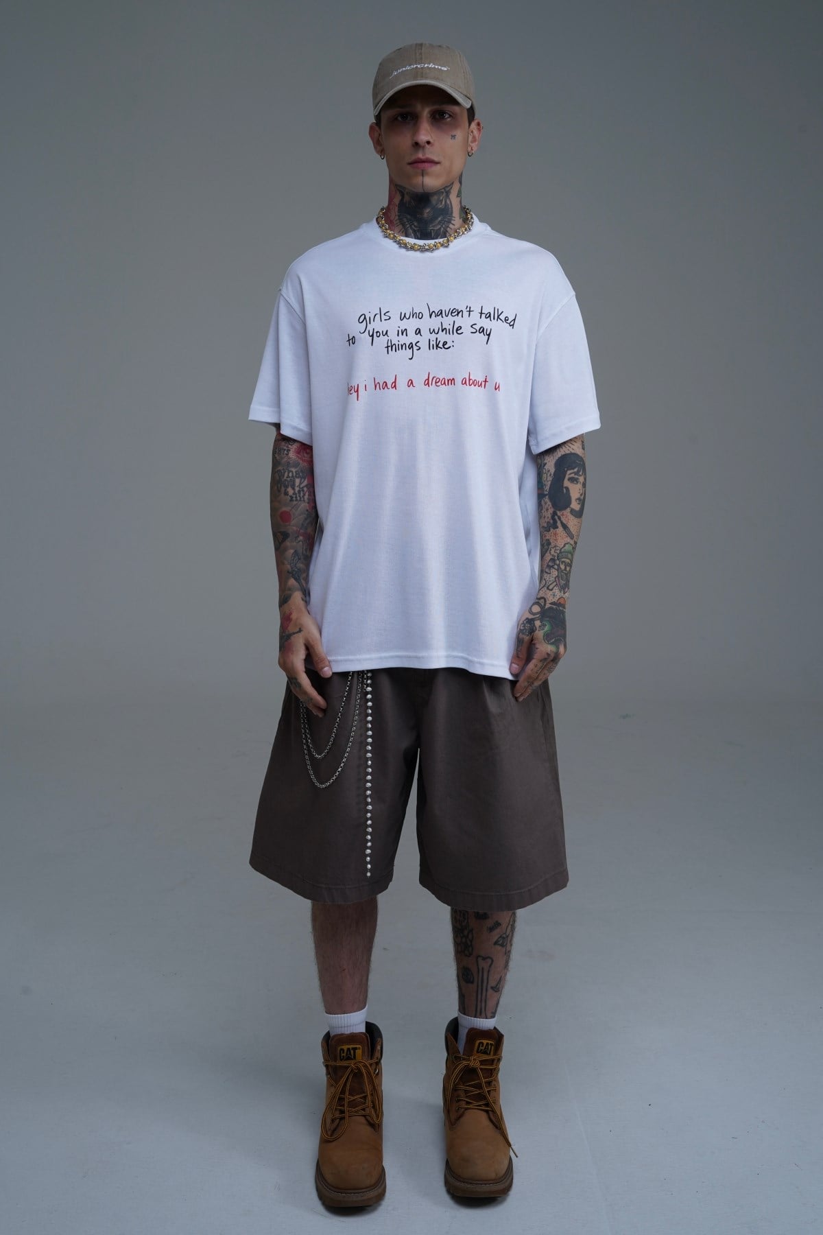 Bisiklet Yaka Baskılı Beyaz Oversize Tshirt CT01 26CY011