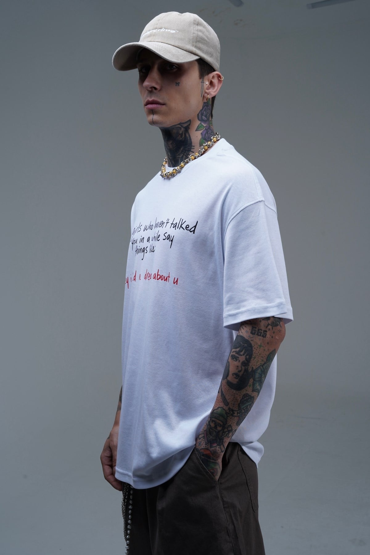 Bisiklet Yaka Baskılı Beyaz Oversize Tshirt CT01 26CY011