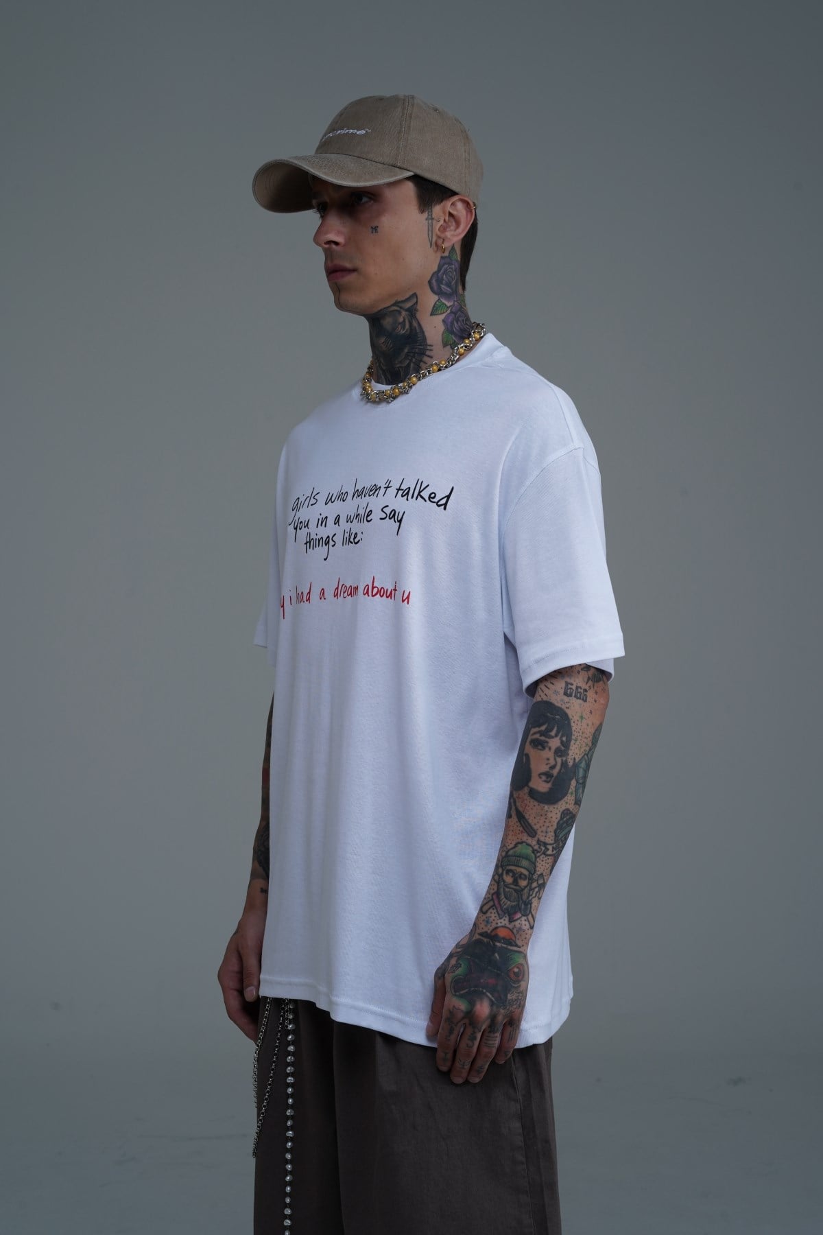 Bisiklet Yaka Baskılı Beyaz Oversize Tshirt CT01 26CY011