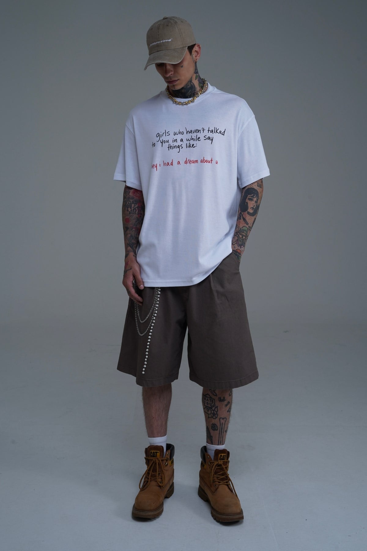 Bisiklet Yaka Baskılı Beyaz Oversize Tshirt CT01 26CY011